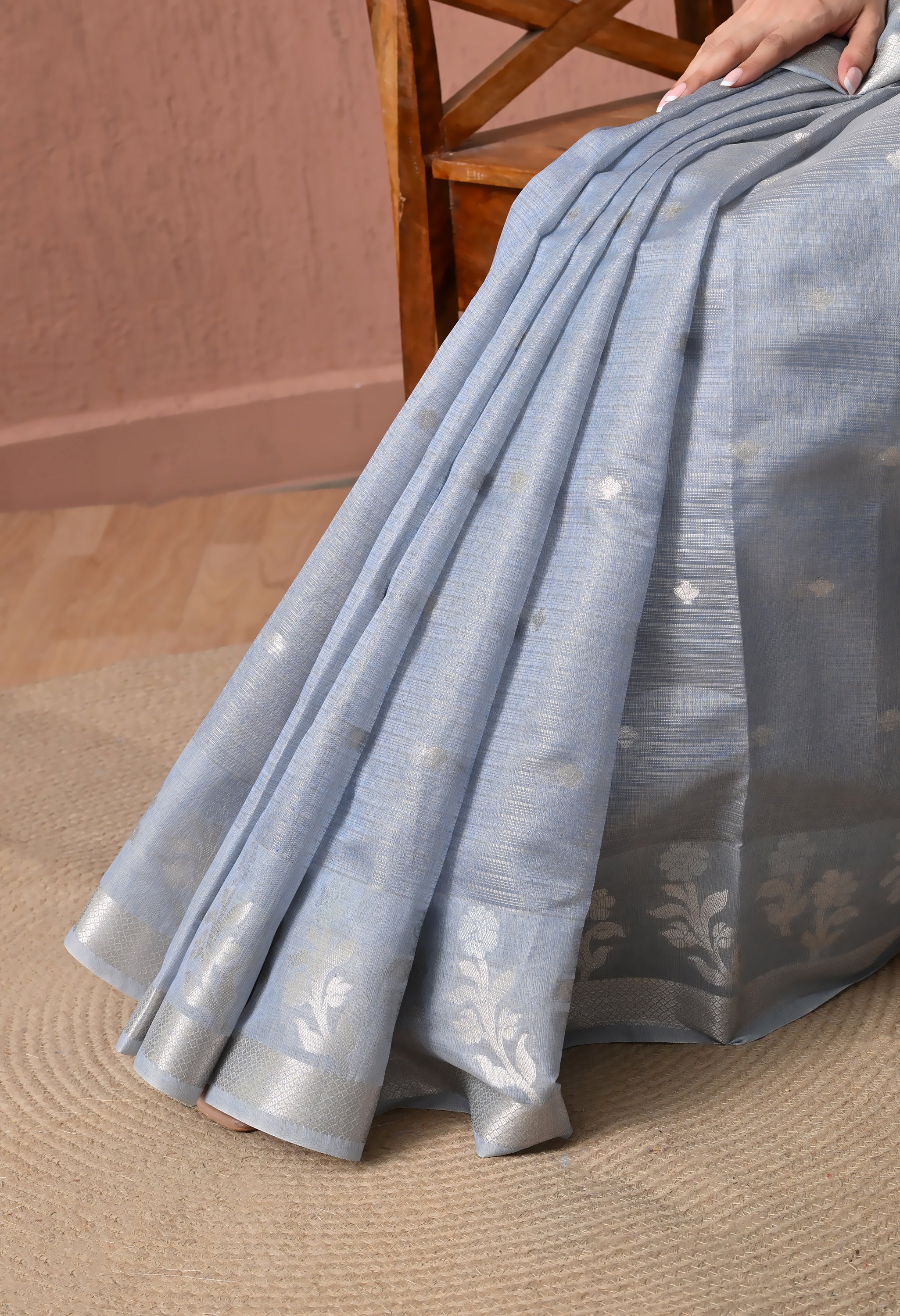 Pure Cotton  Saree in Light Blue with Silver Zari Floral Artistry