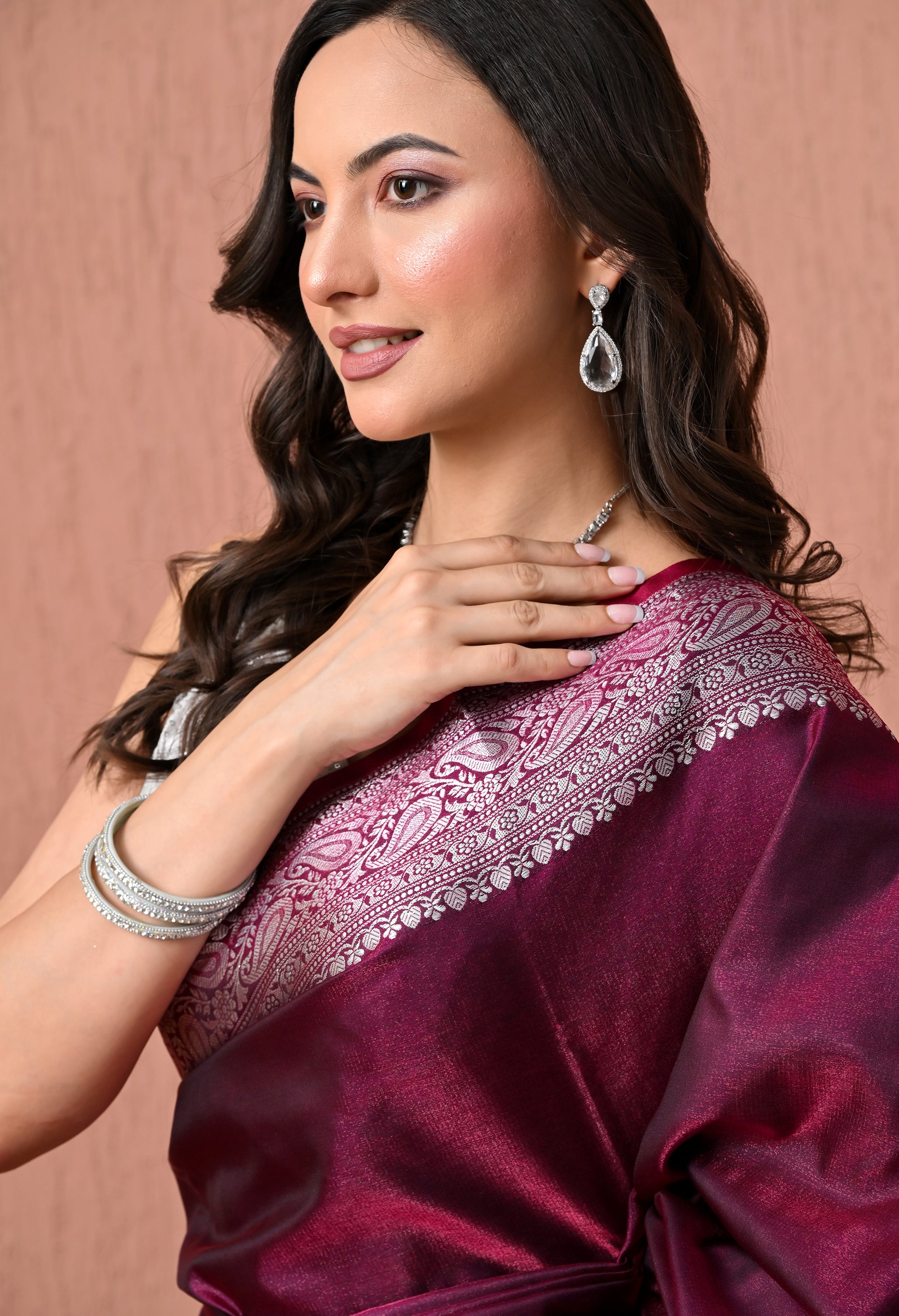 Exquisite Purple Pure Silk Banarasi Saree with Silver Zari Paisley Borders