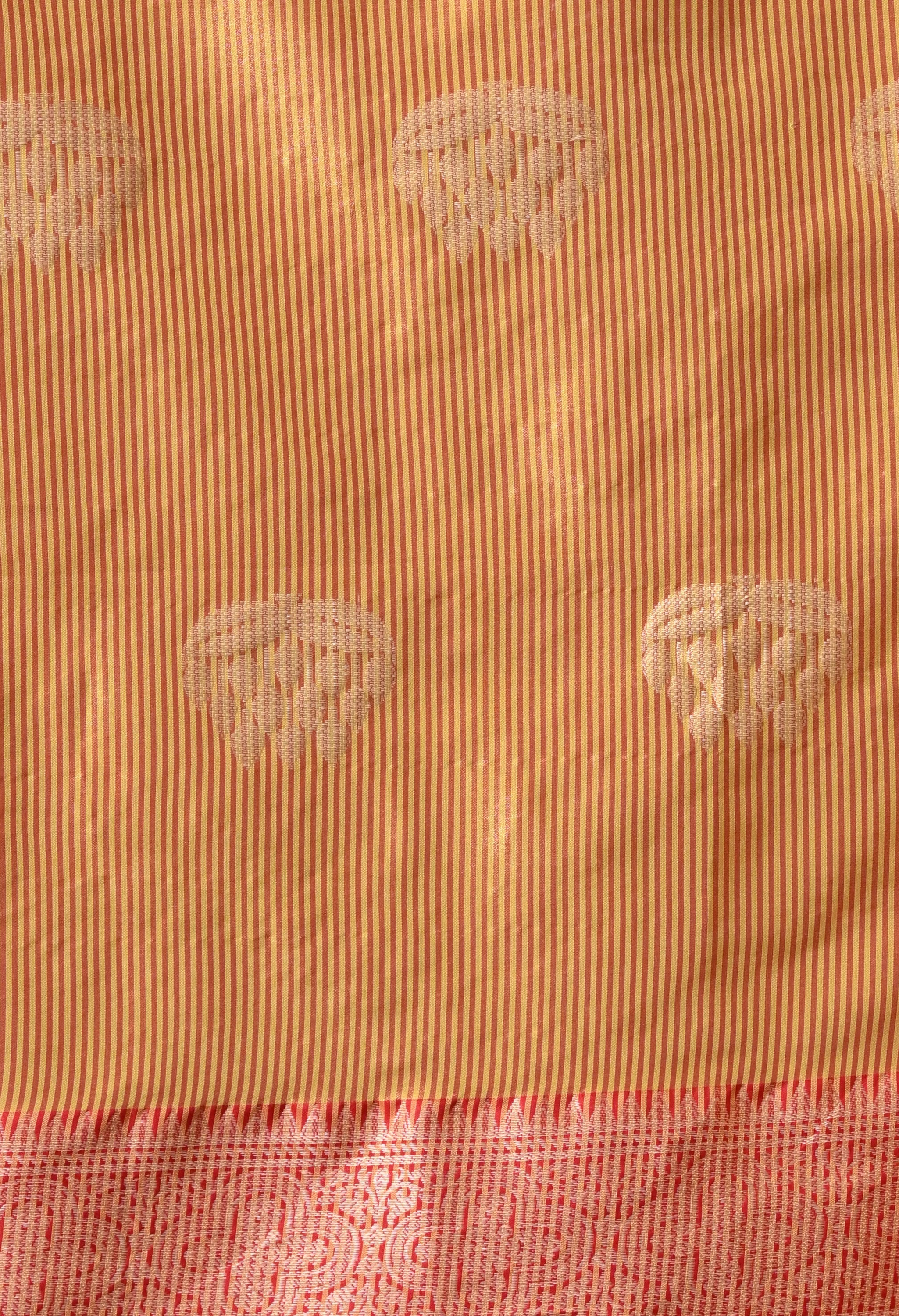Mustard Yellow & Rust Red Silk Blend Banarasi Saree with Lotus Butis