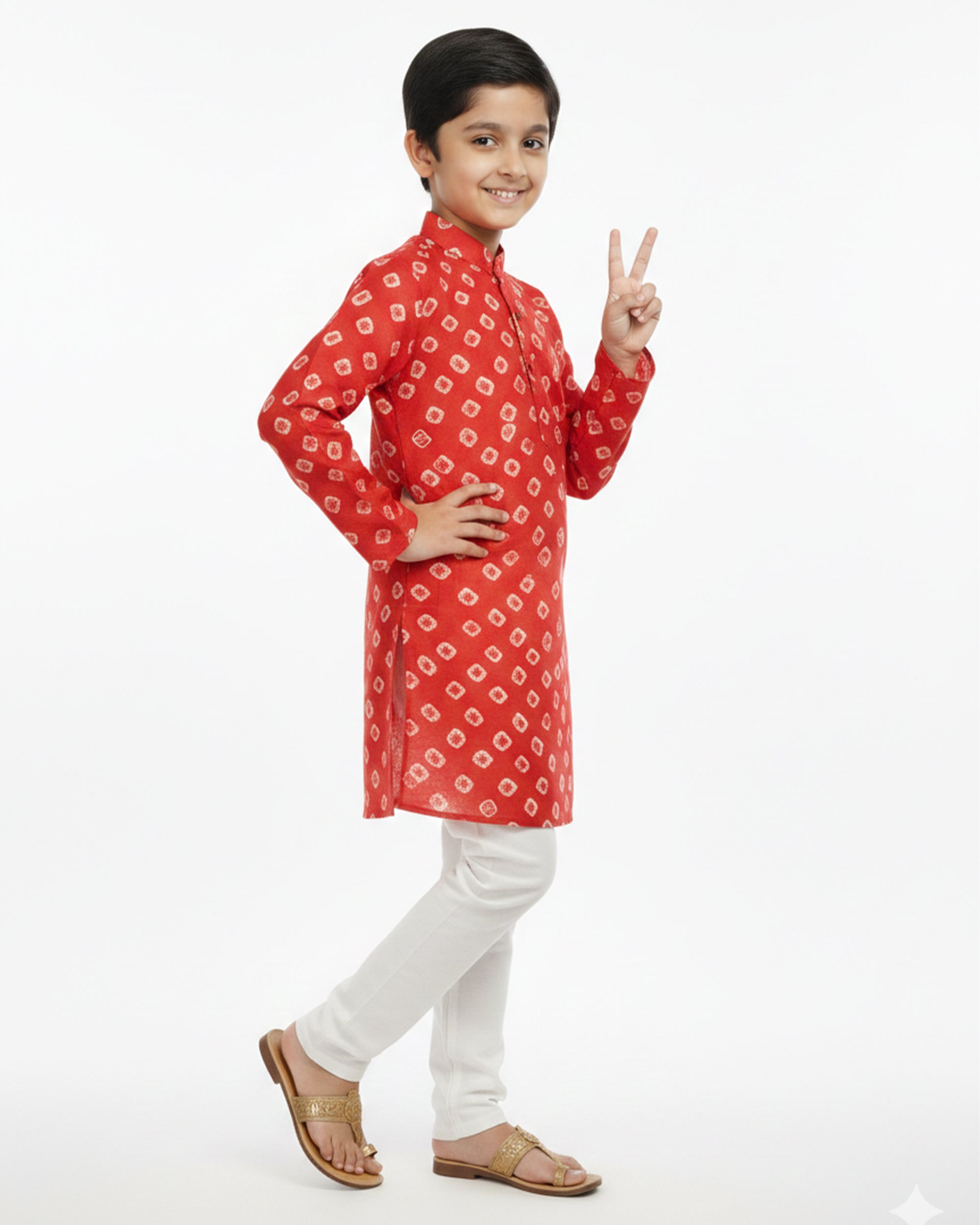 Boys Red & White Bandhani Printed Pure Cotton Kurta with Pyjamas