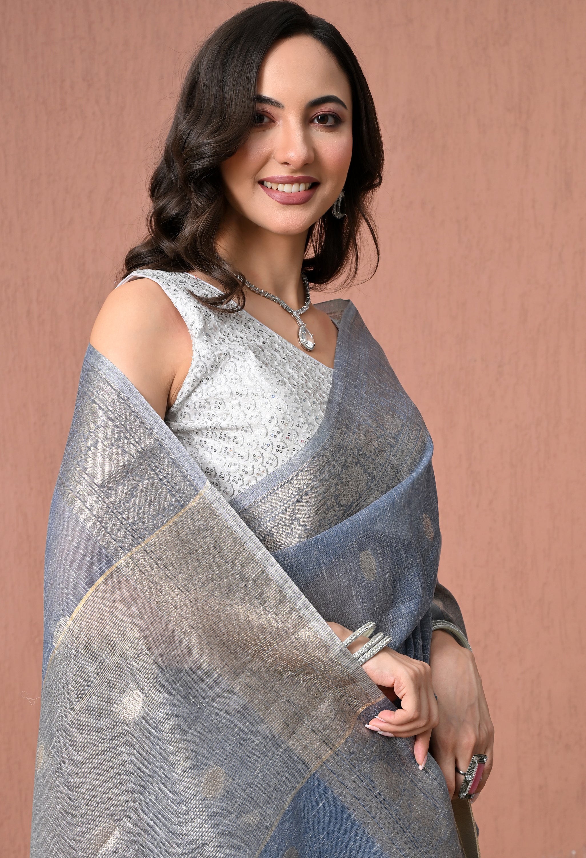 Elegant Steel Blue Cotton Saree with Silver Zari Border