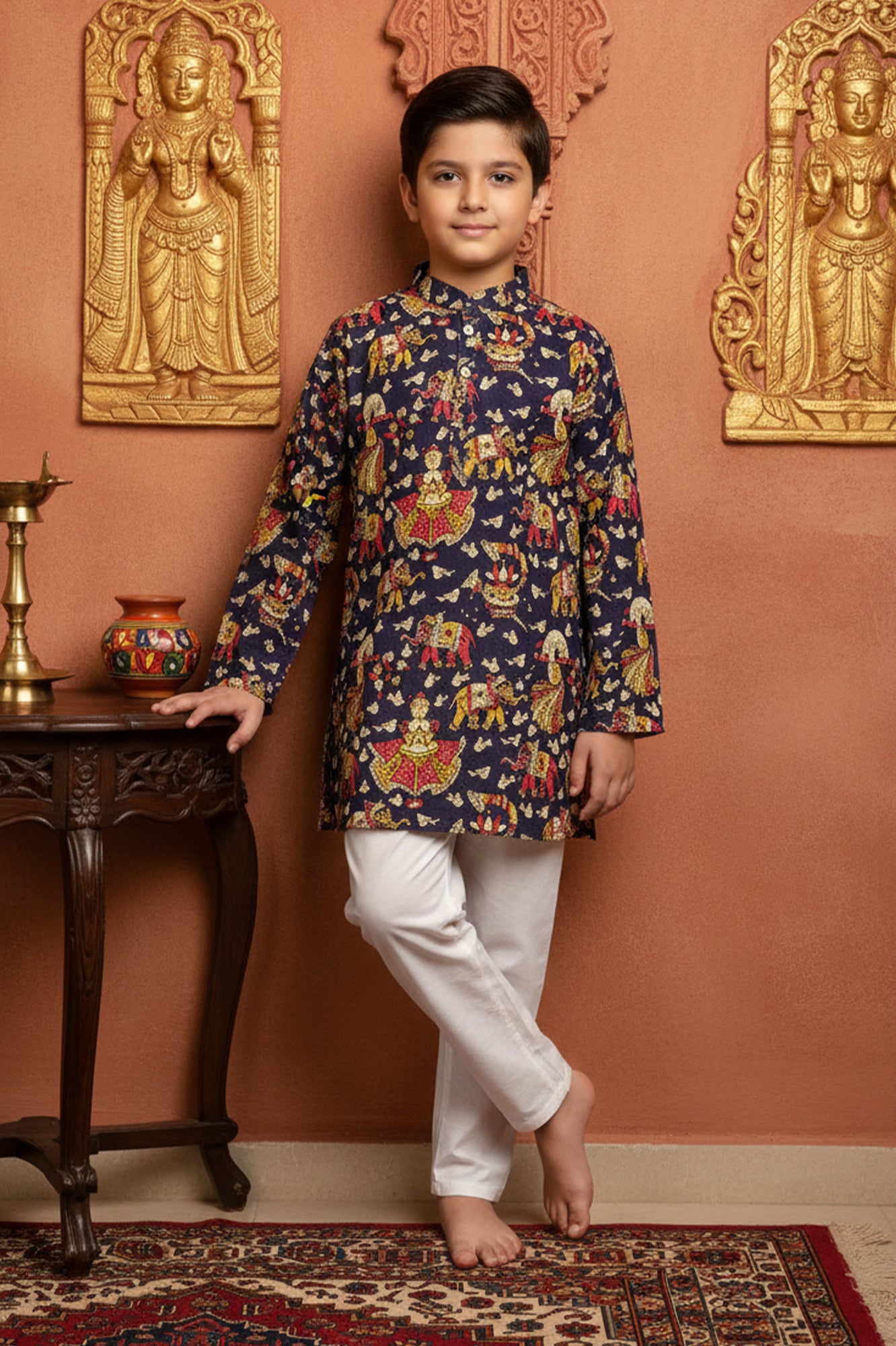 Boys' Cotton Print Kurta with White Pajama Set | Ethnic Wear for Festivals, Weddings & Parties