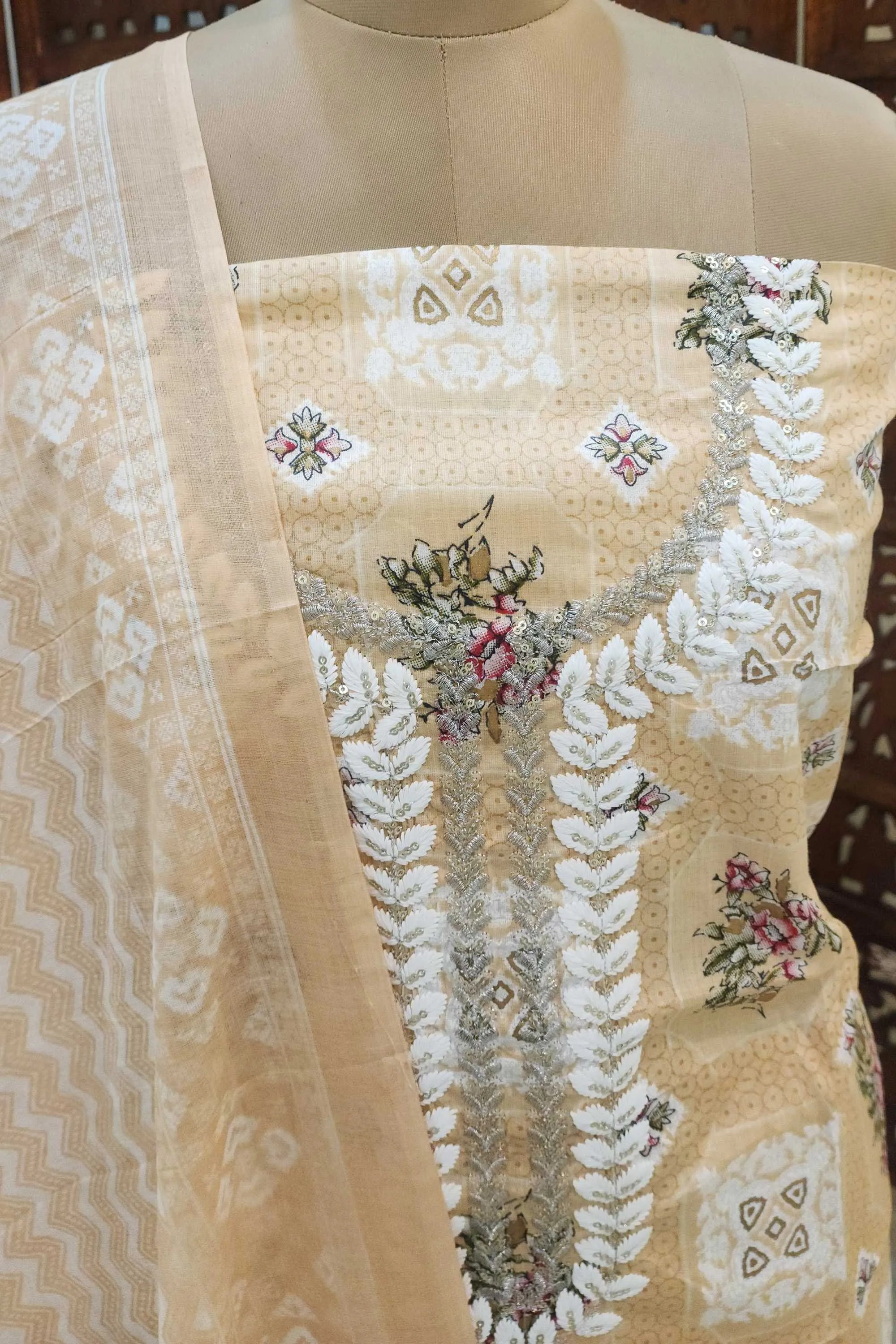 Women Peach-Coloured Floral Embroidered Pure Cotton Unstitched Dress Material