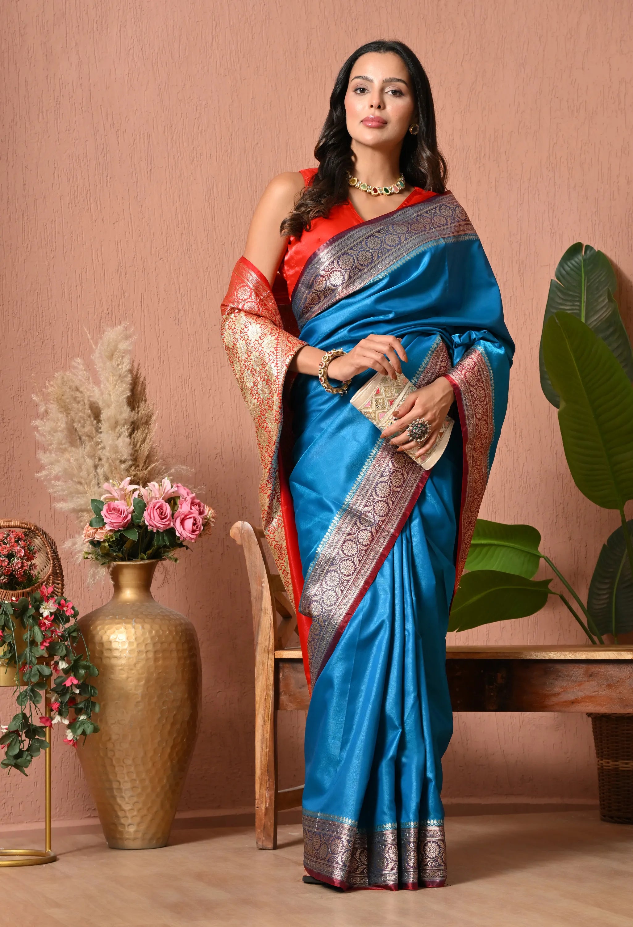 Regal Blue and Red Banarasi Style Silk Blend Saree