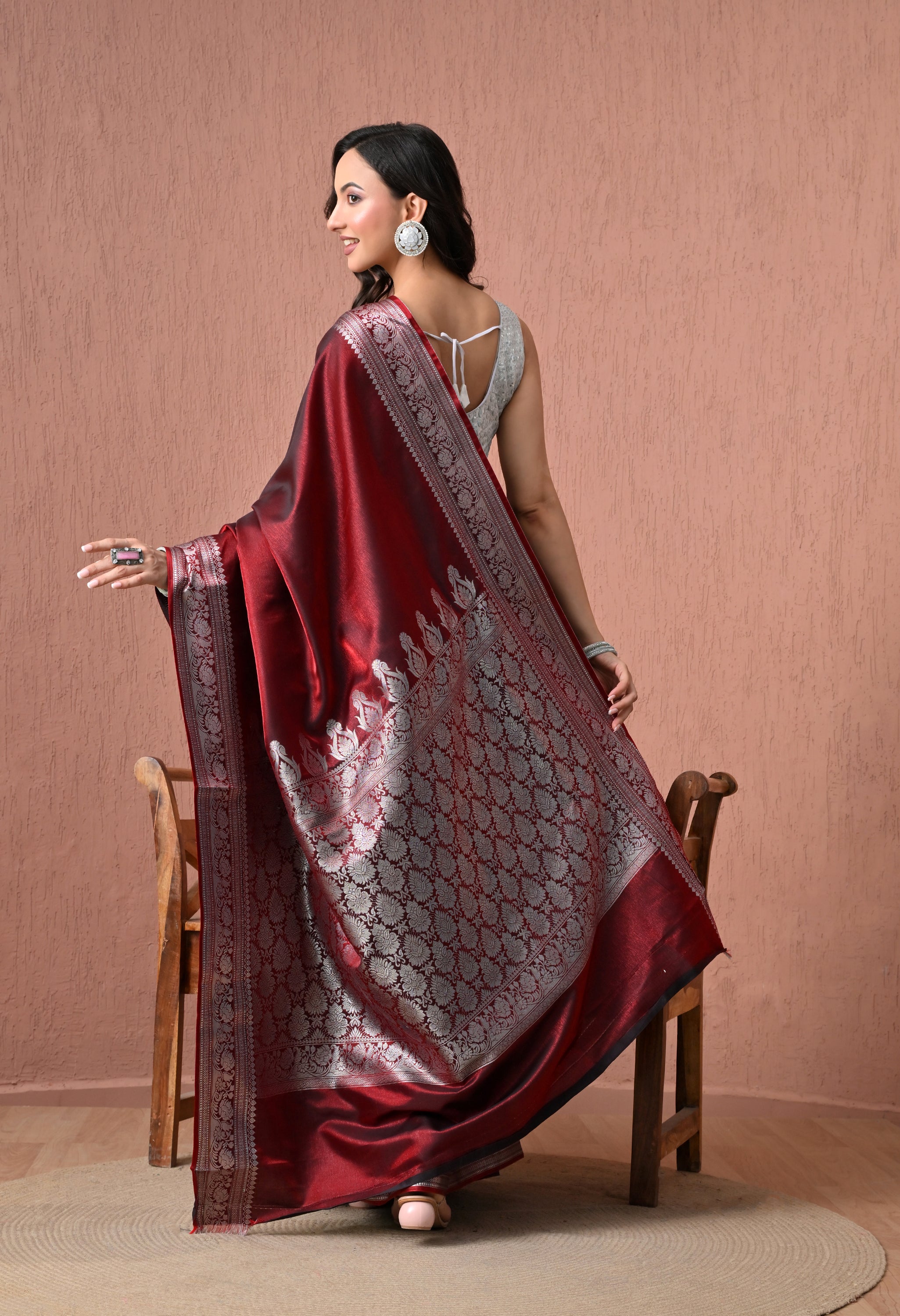 Maroon Pure Silk Banarasi Saree with Ornate Silver Zari Border