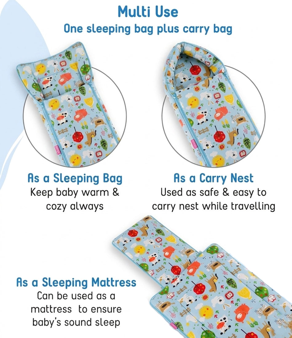 Unisex Infants Blue & White Printed 3-in-1 Bedding Combo – Carry Nest, Mattress with Net & Gadda Set