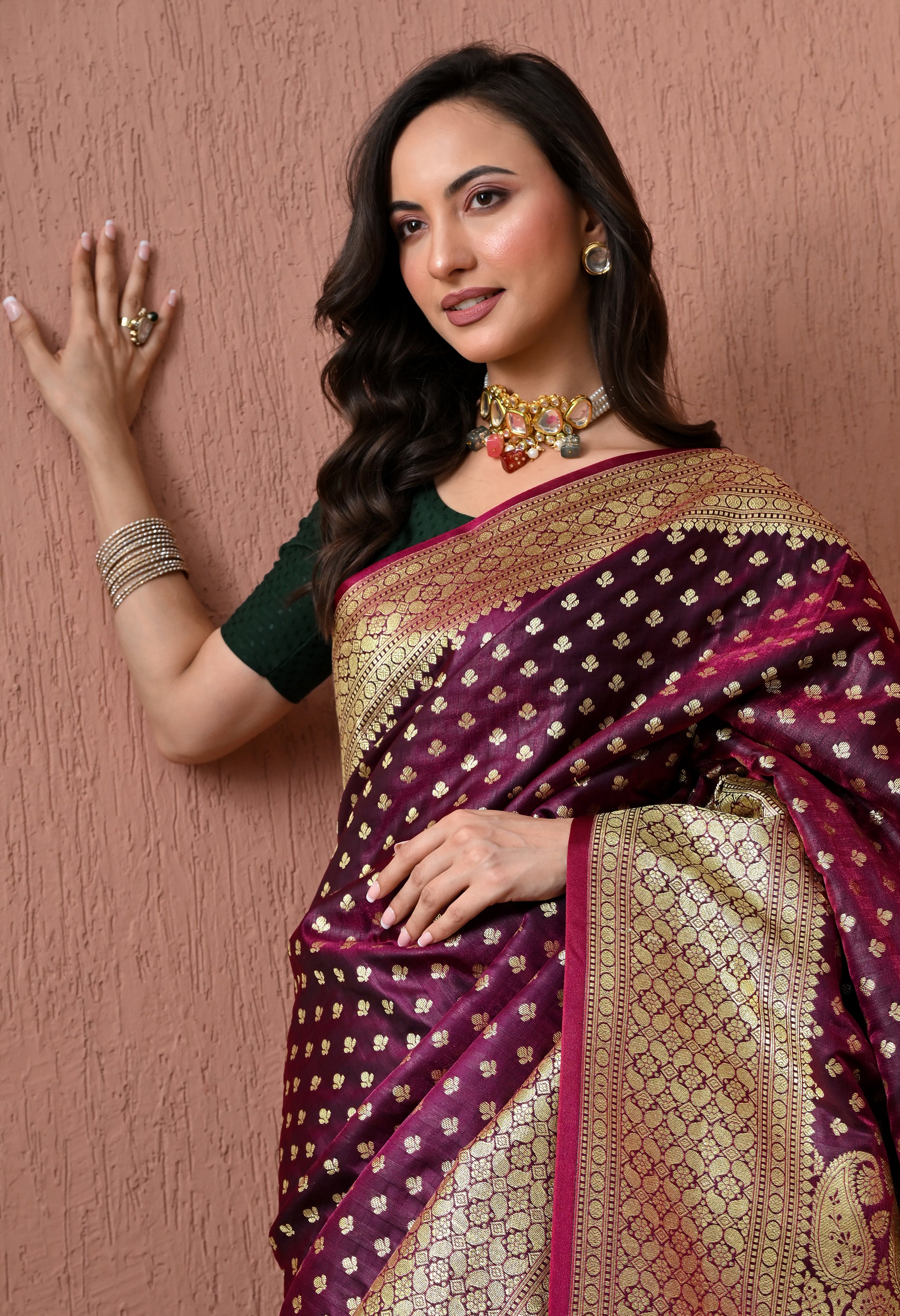 Pure Silk Banarasi Saree in Magenta-Purple with Intricate Gold Zari