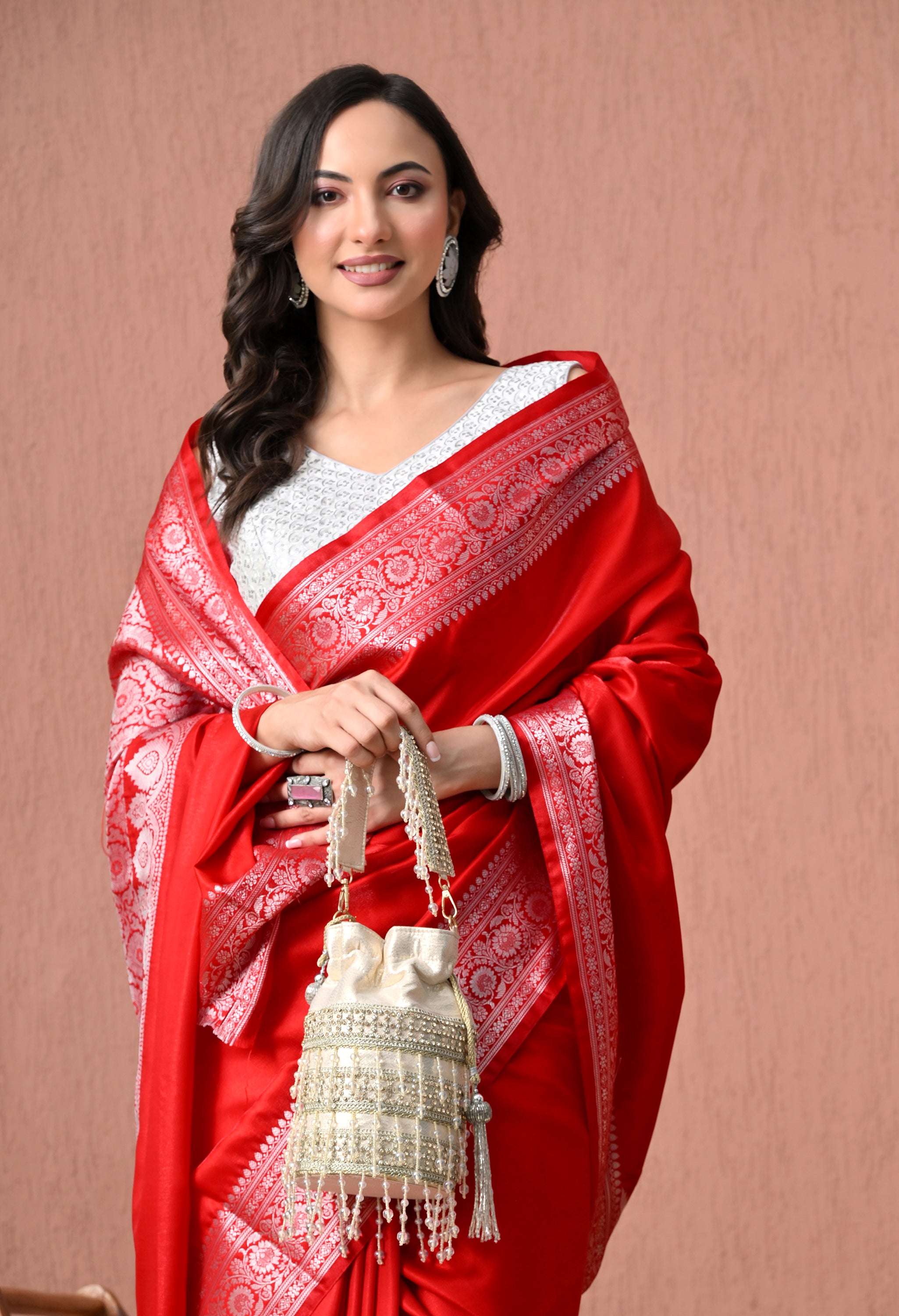 Radiant Crimson Red Pure Silk Banarasi Saree with Ornate Silver Zari Pallu