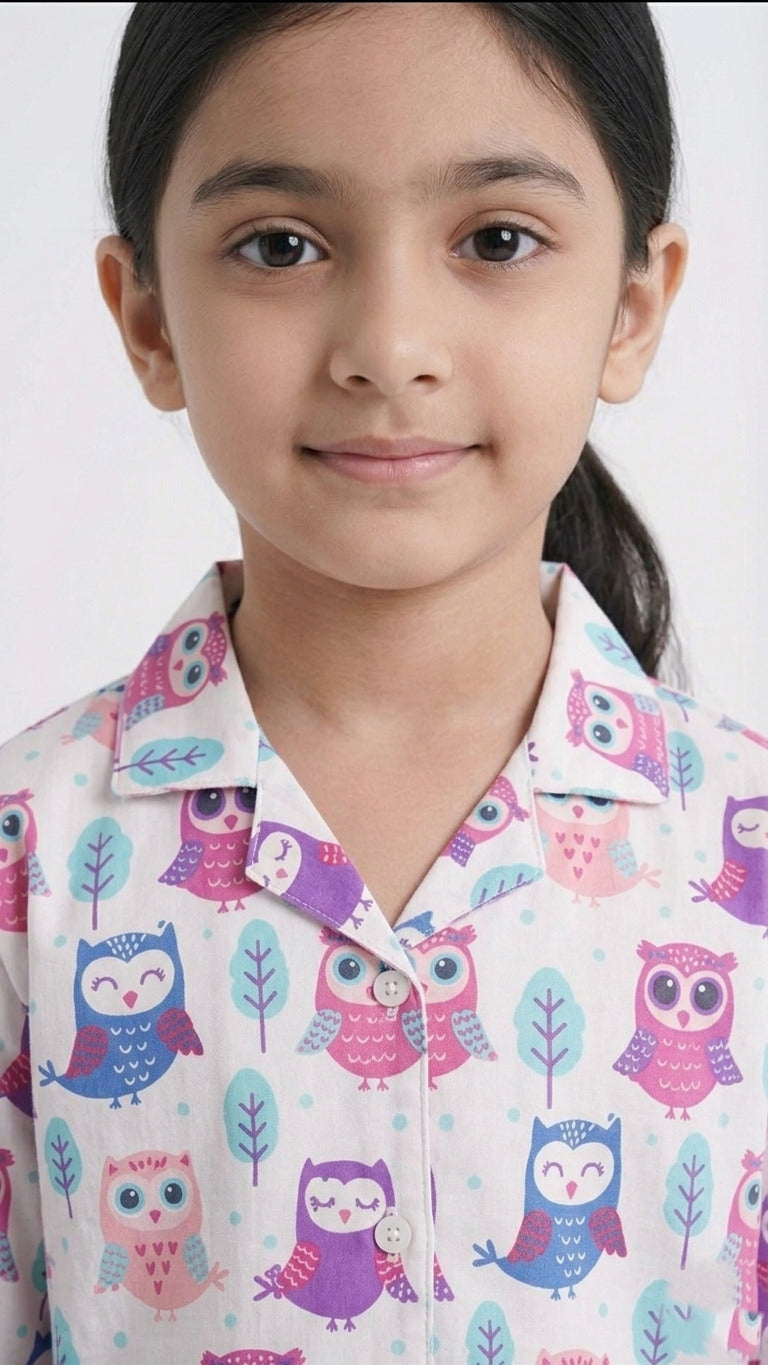 Kids' White & Purple Owl Print Pure Cotton Girls Night Suit