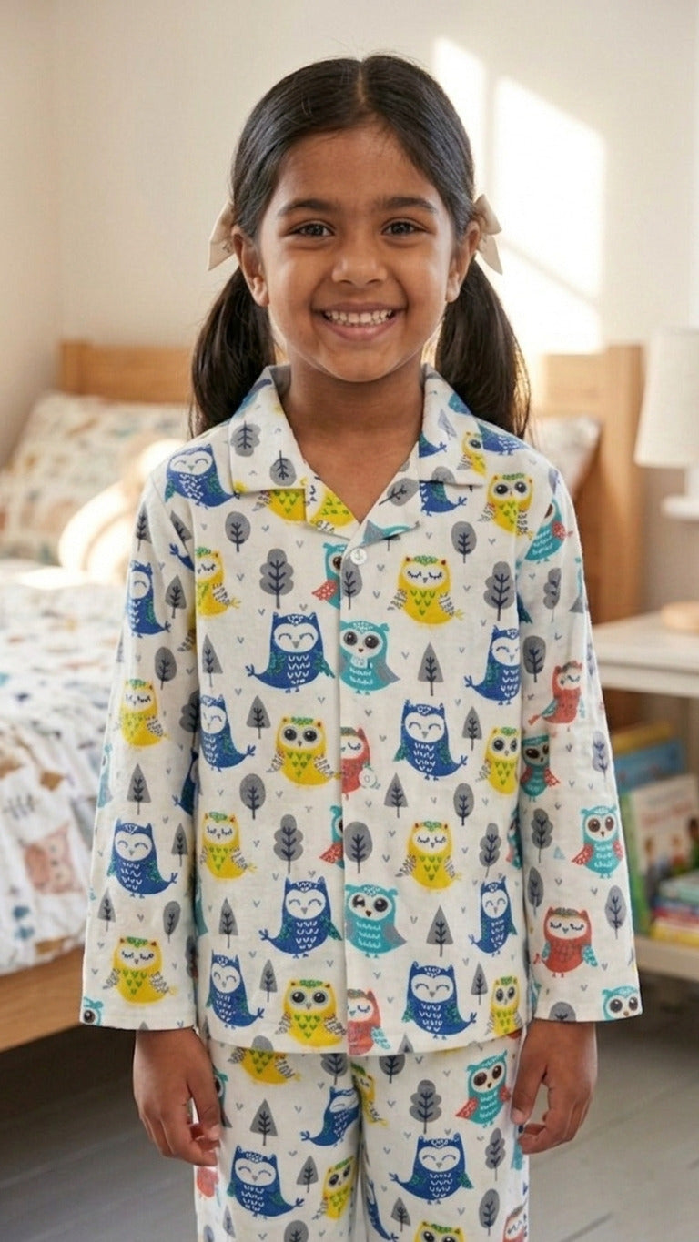 White & Blue Owl Print Pure Cotton Girls Night Suit