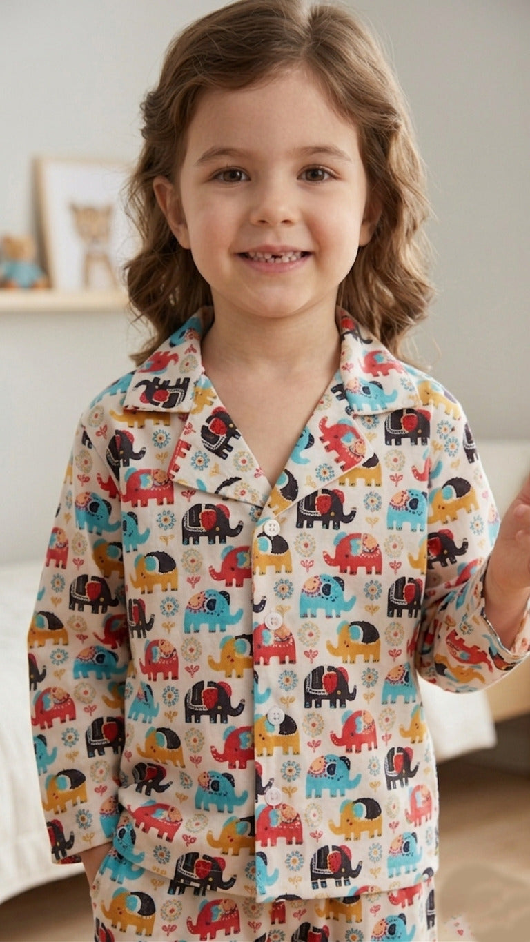 Kids' Elephant Print Cotton Girls Night Suit
