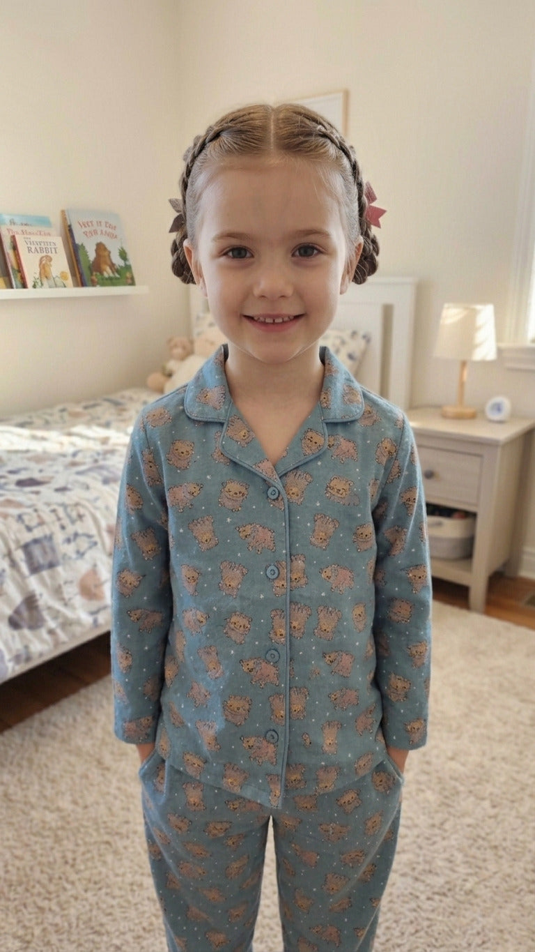 Teal Blue & Grey Hedgehog Print Pure Cotton Girls Night Suit