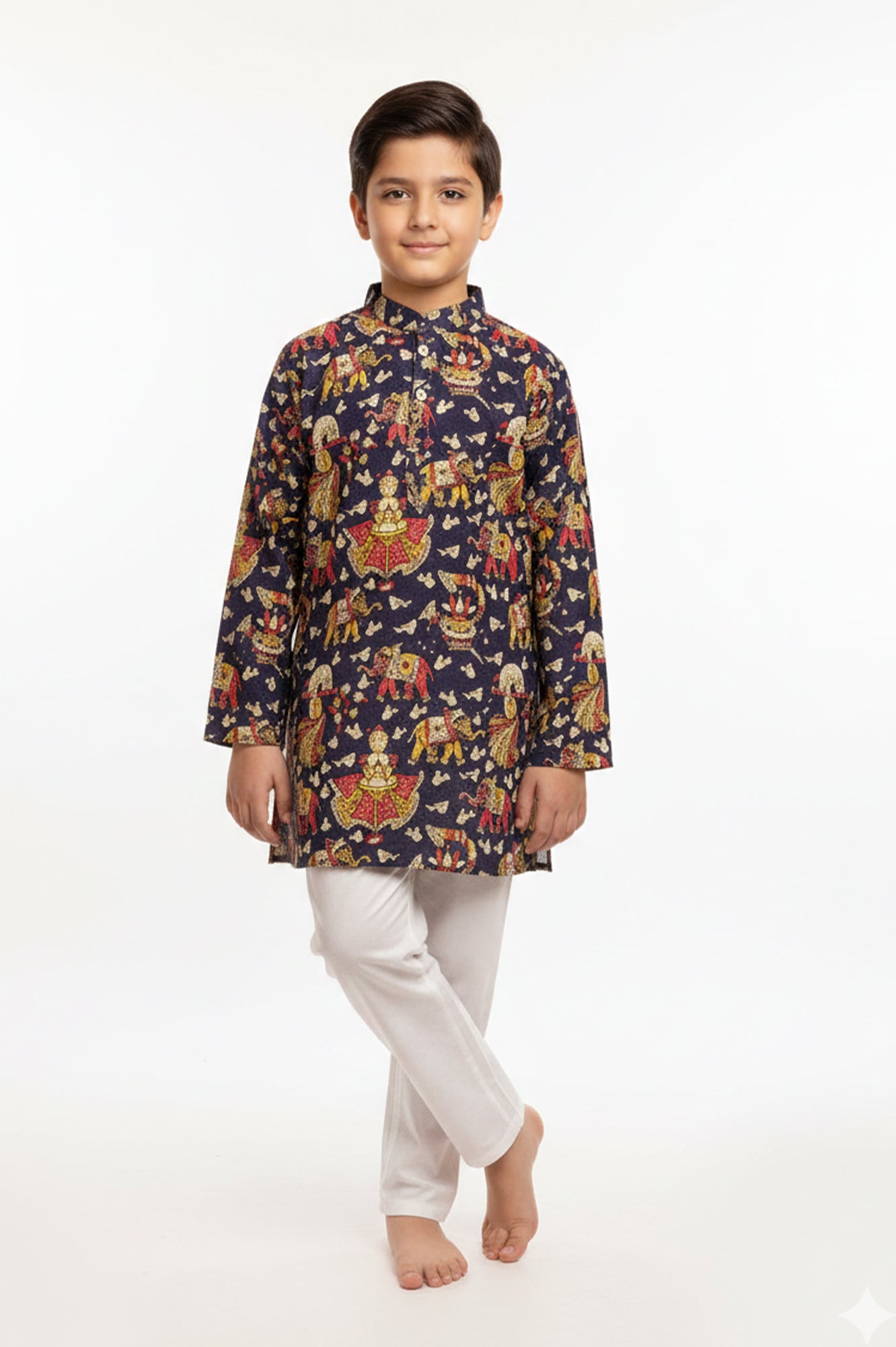 Boys' Cotton Print Kurta with White Pajama Set | Ethnic Wear for Festivals, Weddings & Parties