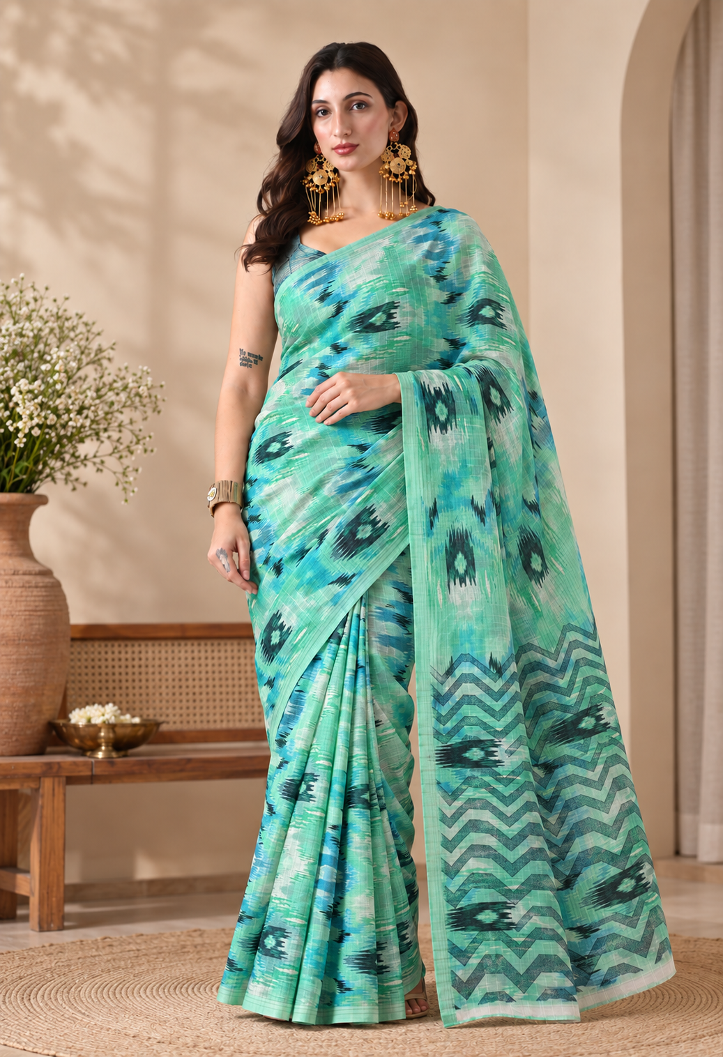 Printed Saree with Peacock-Inspired Motifs