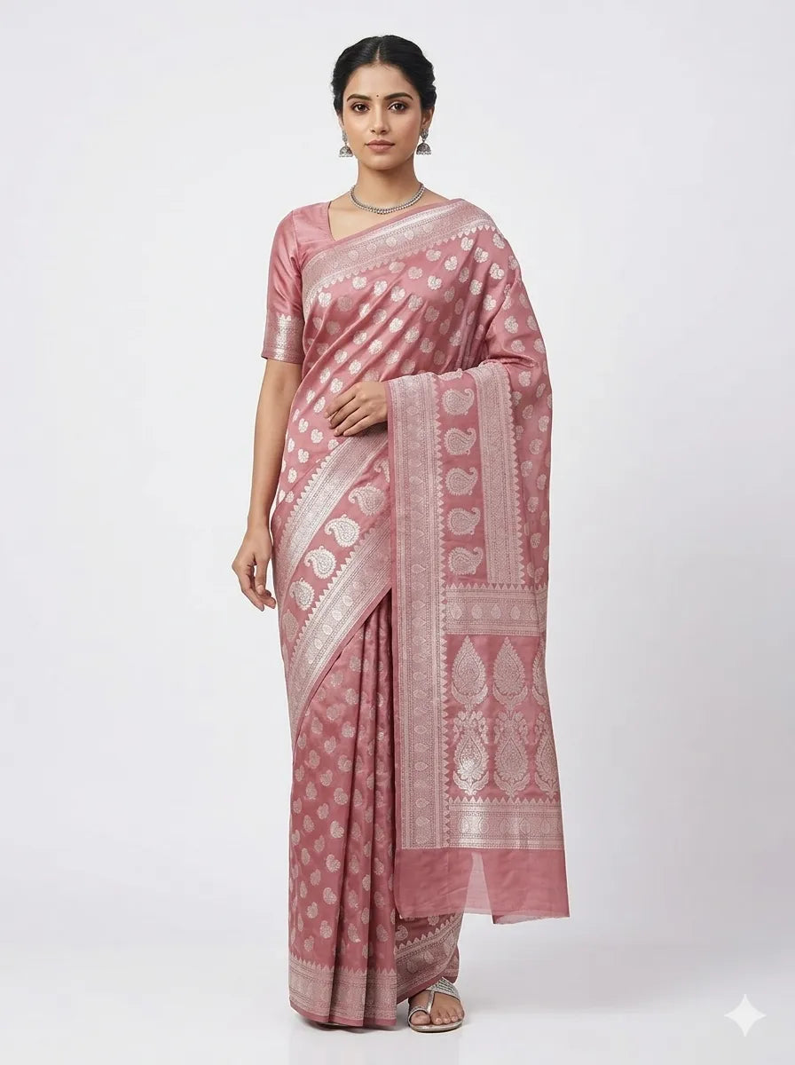 A woman gracefully modeling a Dusty Rose & Silver Woven Banarasi Silk Blend Saree from The Weaver's Shop, featuring all-over silver Zari ethnic motifs, a majestic silver border, and a matching woven blouse against a white background.