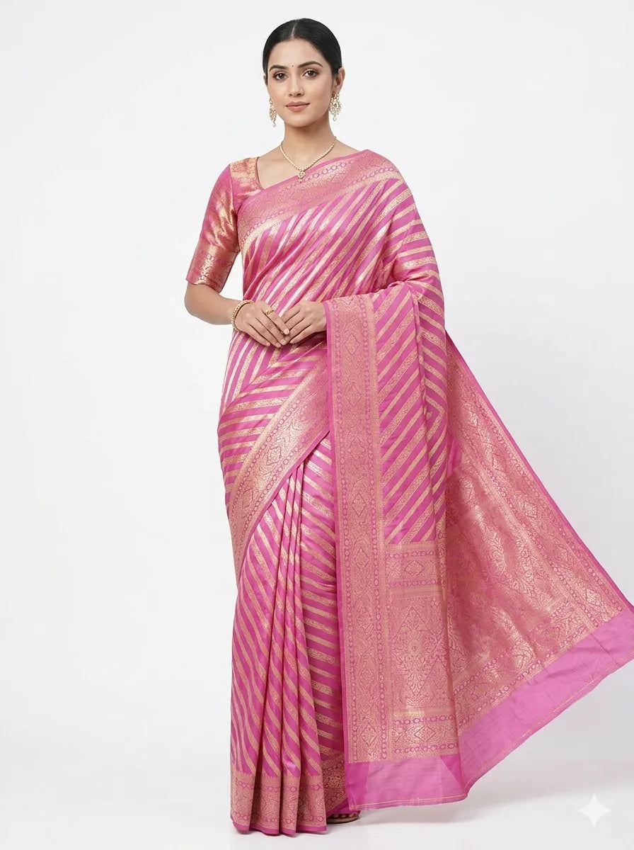 A woman gracefully modelling a pink & gold-toned striped Zari Banarasi silk saree from The Weaver's Shop, featuring elegant diagonal gold stripes, a heavy ornate border, and a matching silk blouse against a clean white background.
