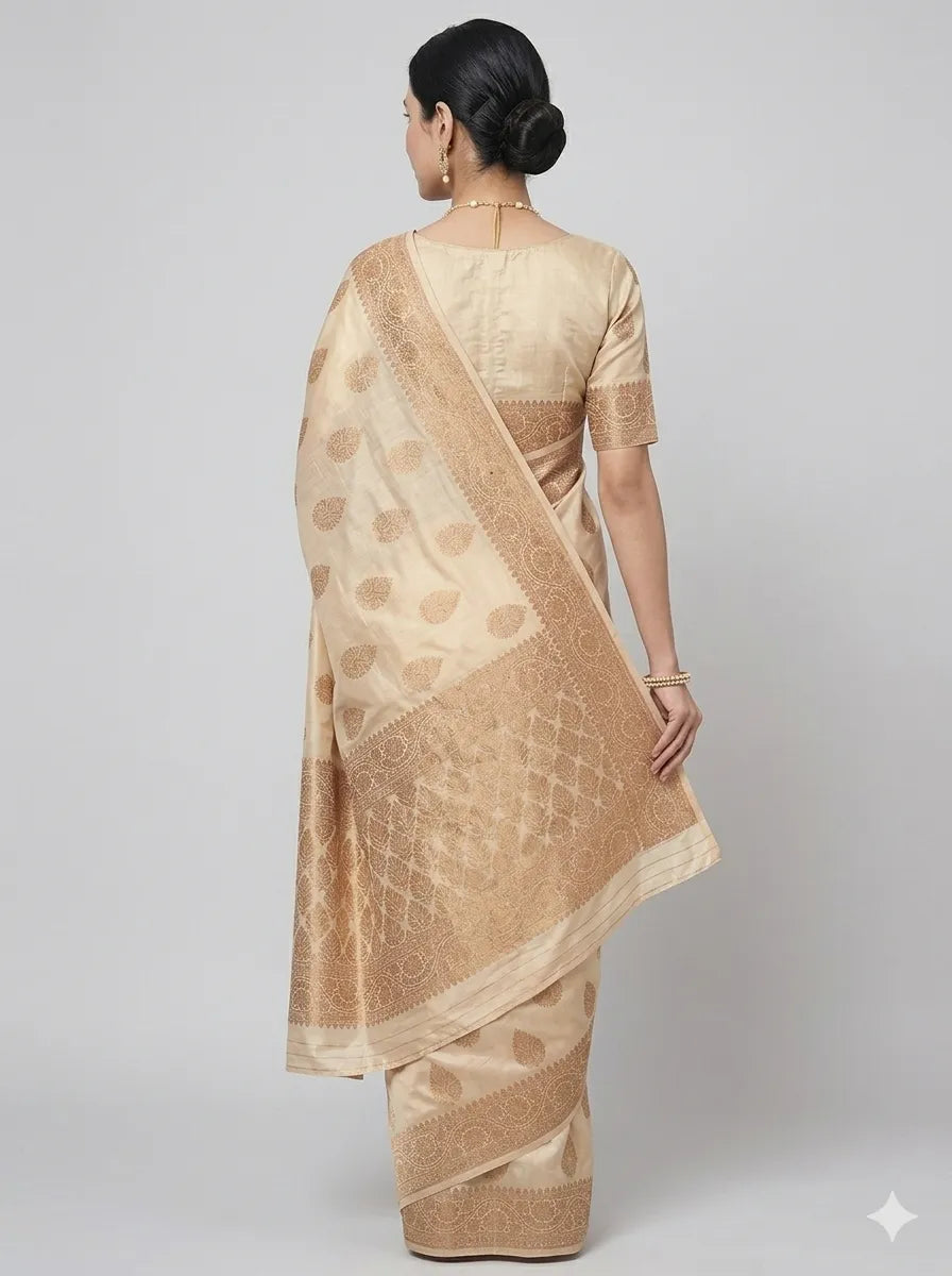 Back view of a woman wearing an Off-White & Gold-Toned Woven Banarasi Silk Saree, showcasing the intricate golden Zari floral motifs on the pallu and a coordinating silk blouse with a sophisticated deep back design.