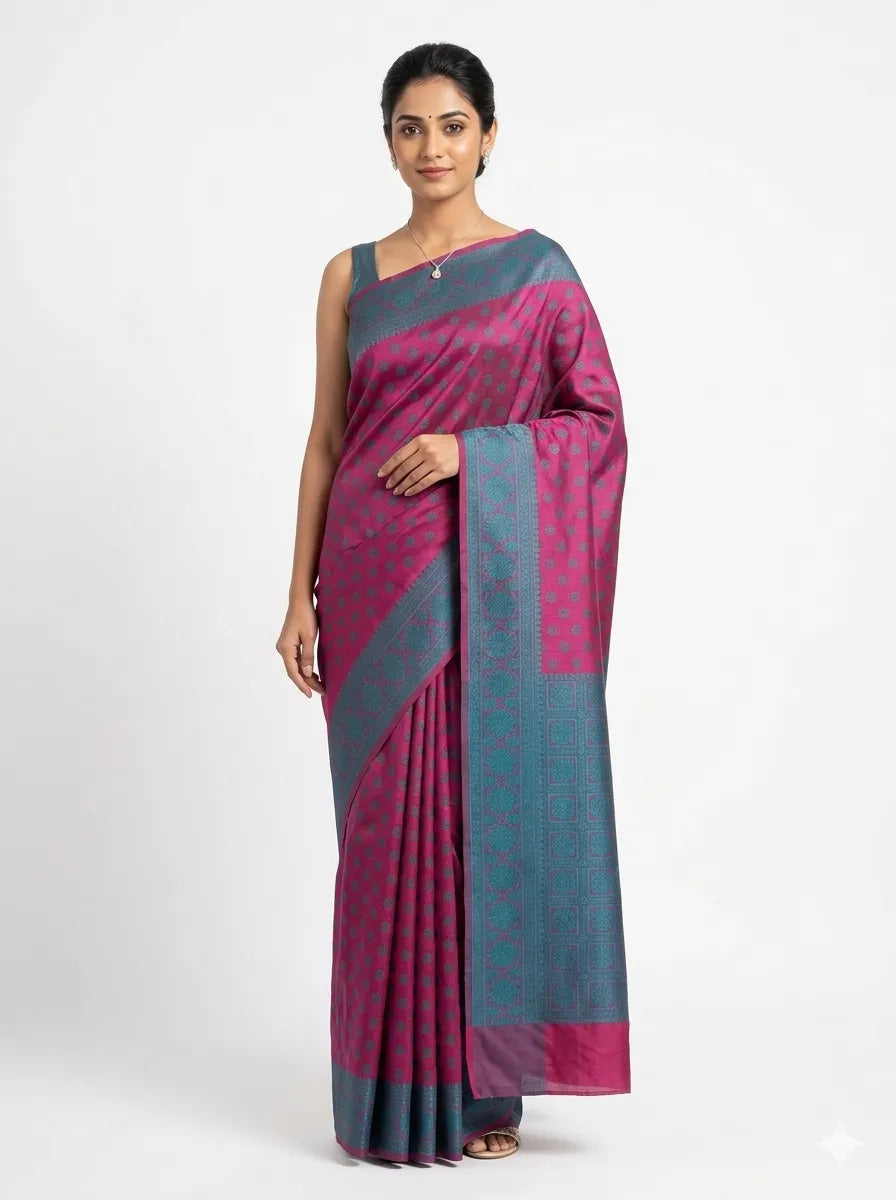 A woman elegantly modelling a magenta & charcoal grey woven Banarasi silk blend saree from The Weaver's Shop, featuring all-over Zari motifs, a wide grey border with traditional weaving, and a matching sleeveless blouse against a white background.