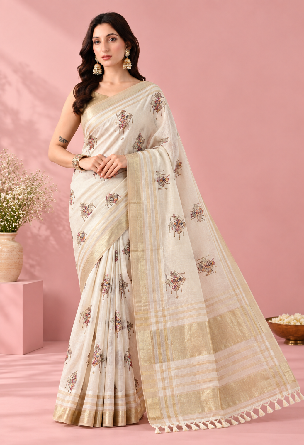 Pair it with a beige or ivory blouse, delicate gold jewellery and elegant heels for a graceful traditional look.
