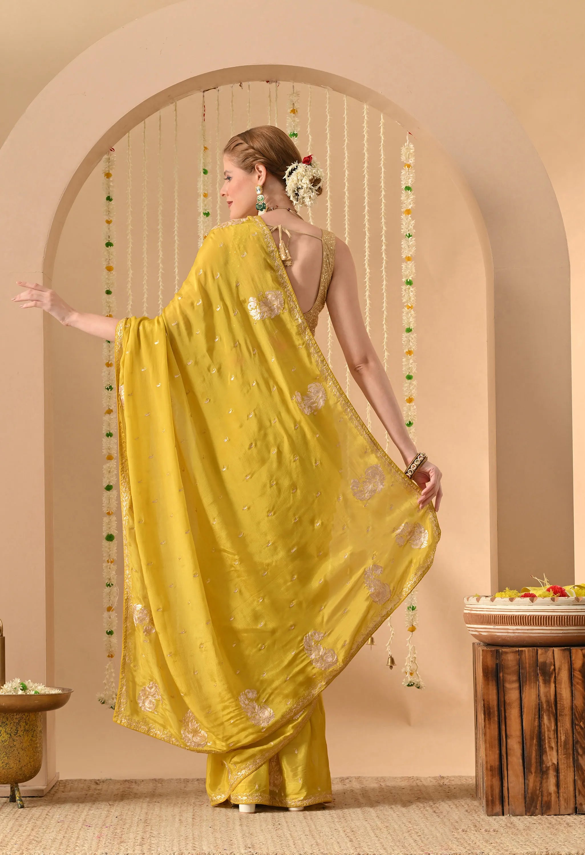 Party wear Yellow saree handmade