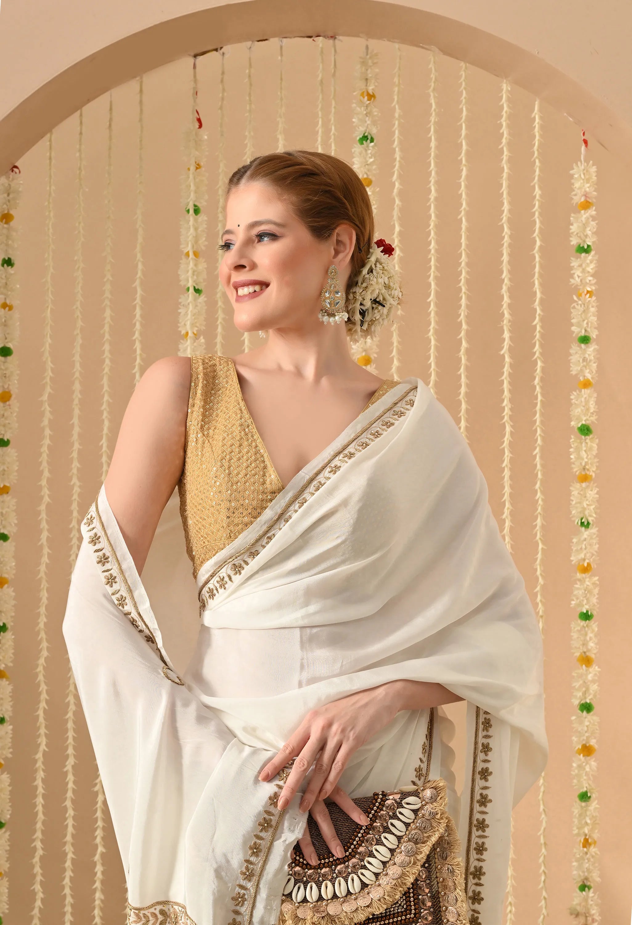 Best Designer Handmade White Crepe Saree