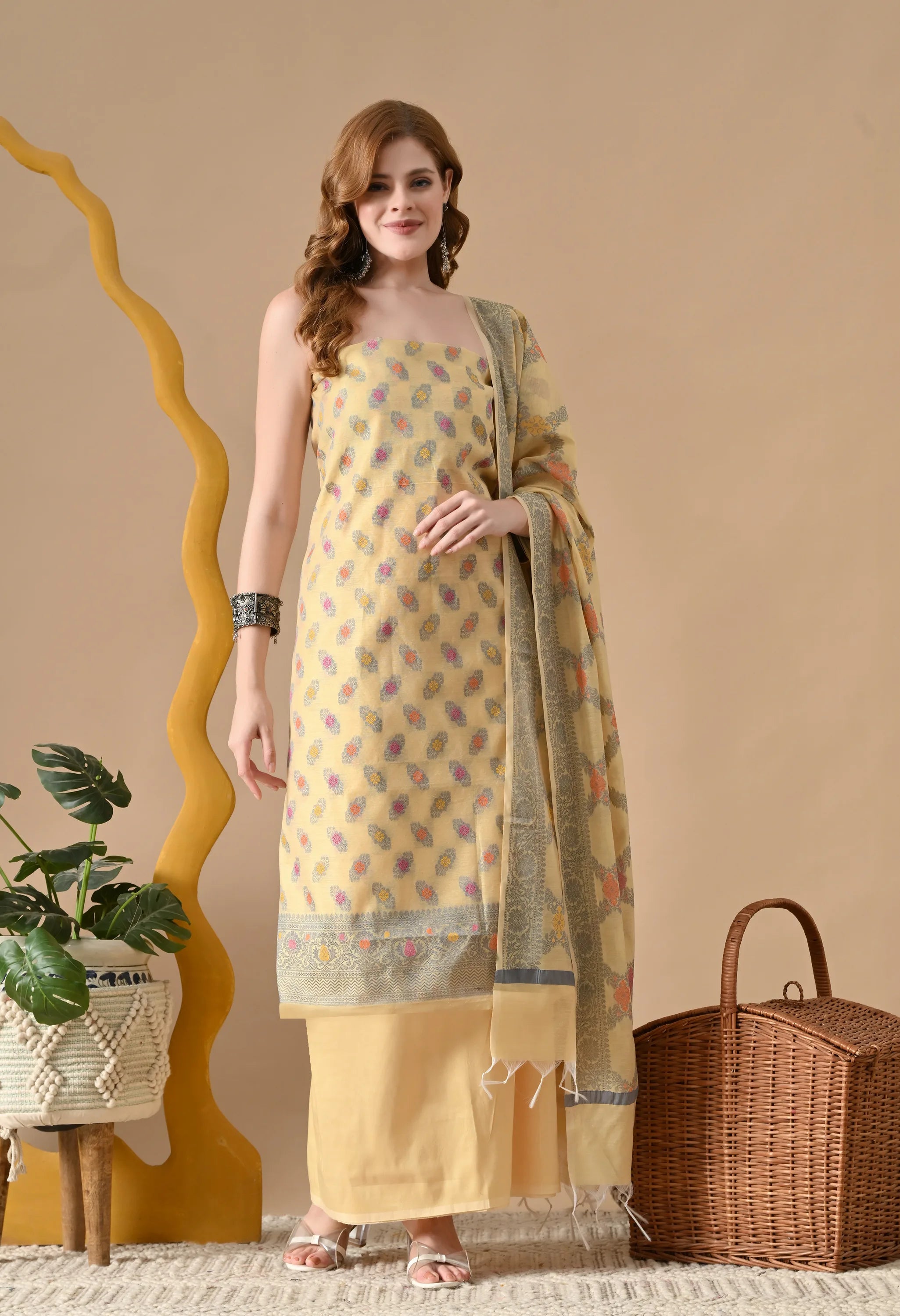 Designer yellow chanderi cotton suit set