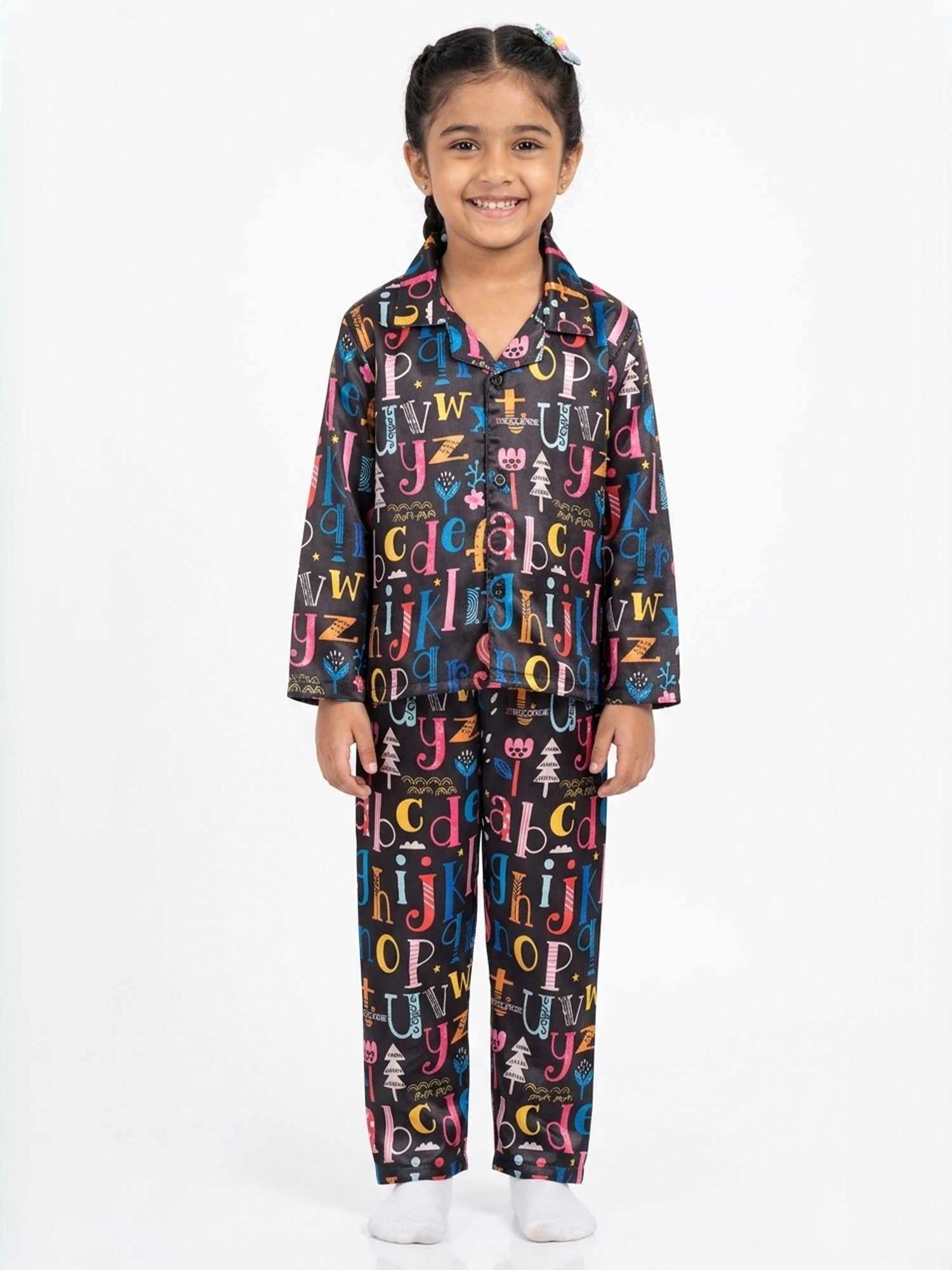 Girls Black & Multicolor Alphabet Print Satin Night Suit