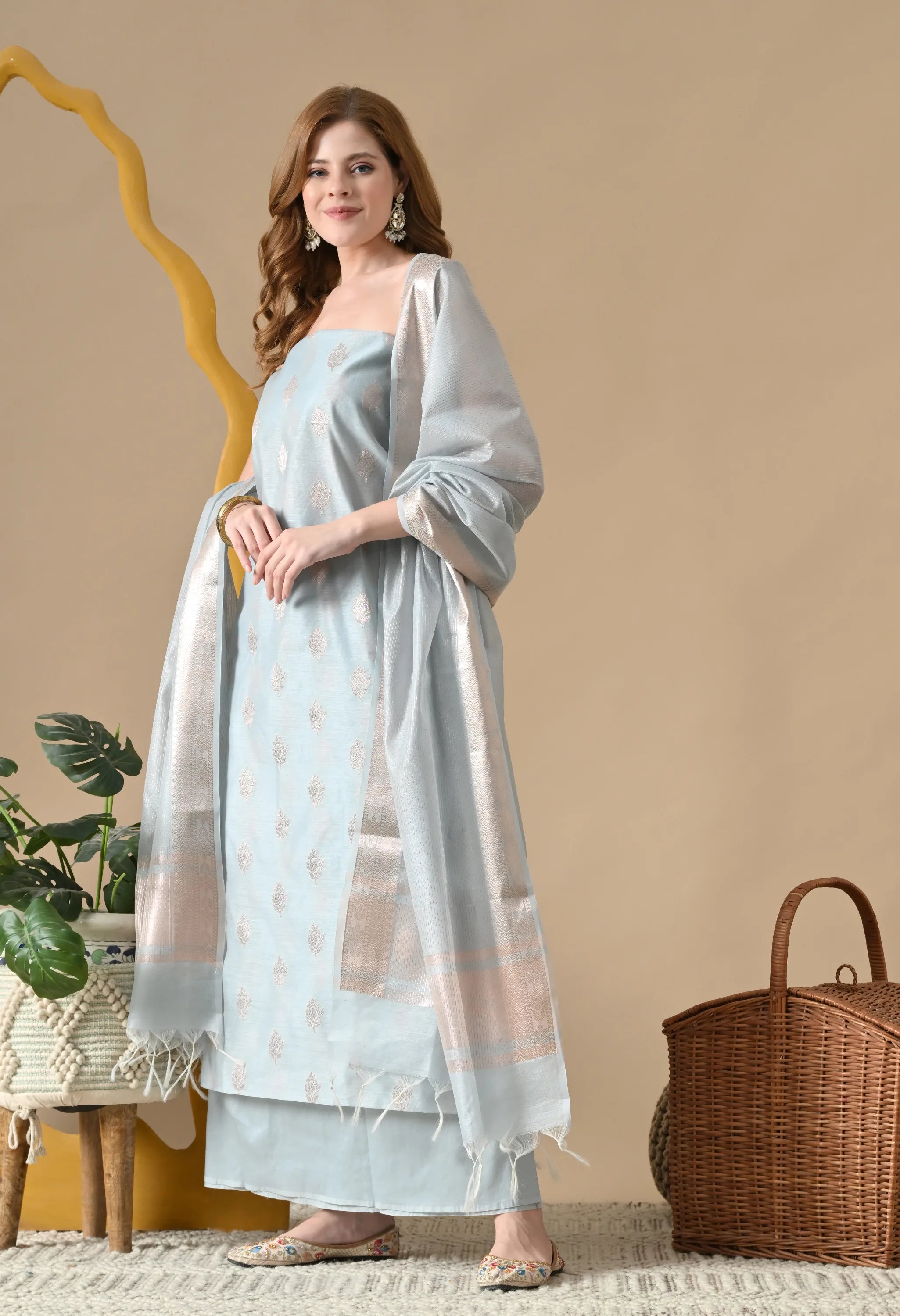 Blue Chanderi cotton zari work suits