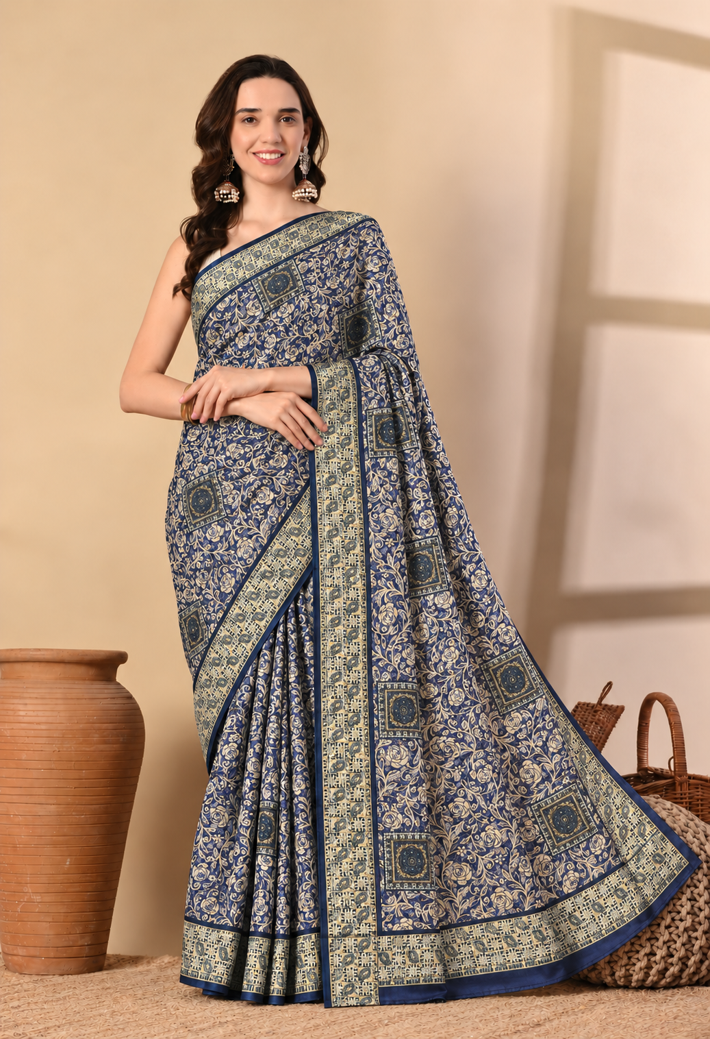 A woman models a blue and beige printed saree with a wide patterned border, standing in a warm beige studio setting with decorative props like a large terracotta pot and a woven basket.