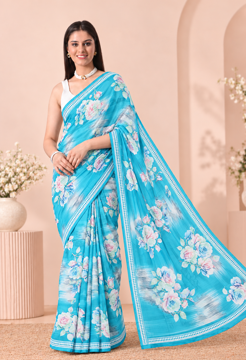 Pair this vibrant saree with a matching blouse, pearl or statement jewellery, and elegant heels for a fresh and sophisticated festive look.
