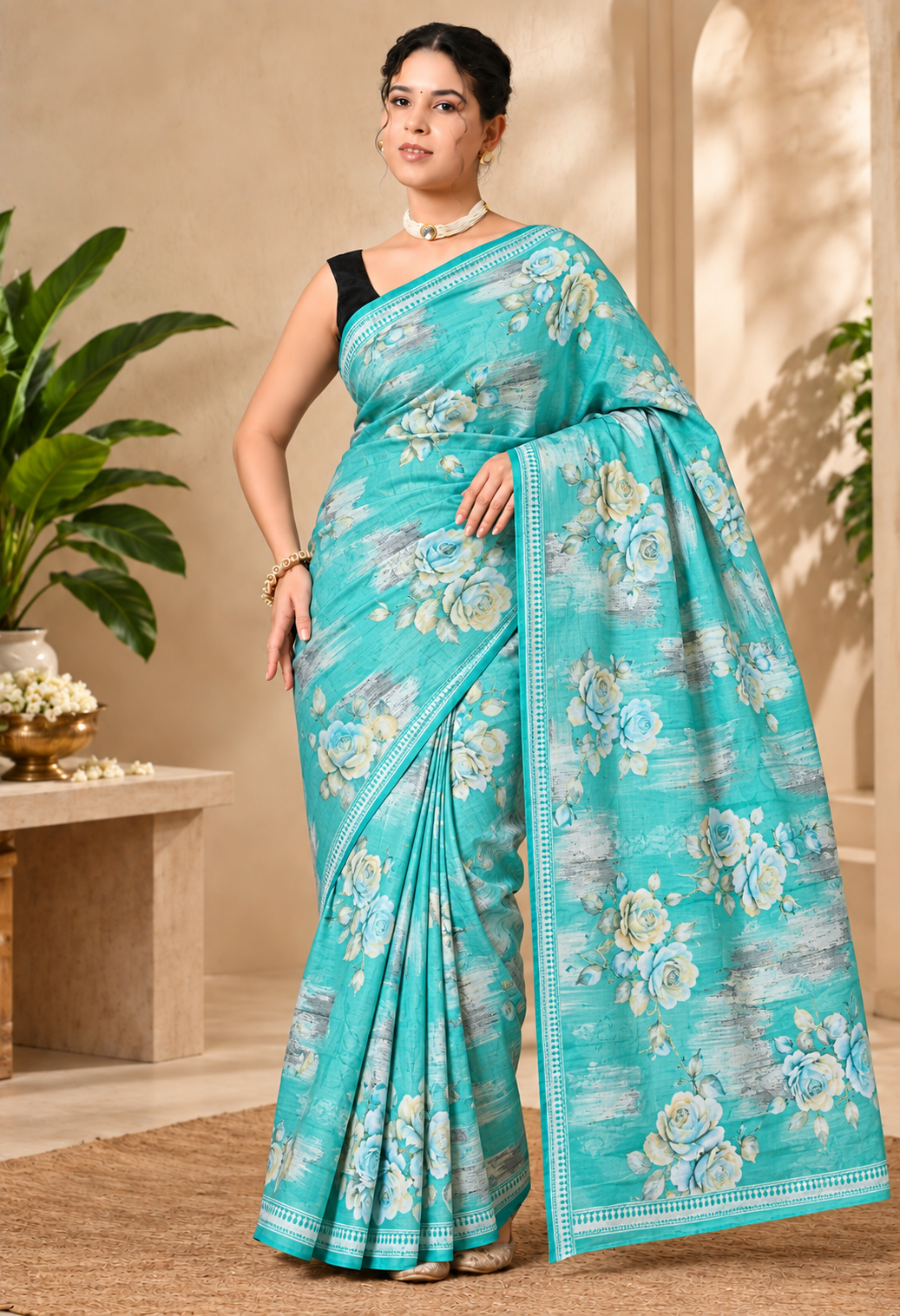 Pair this saree with a matching blouse, delicate jewellery, and traditional accessories for a fresh and sophisticated festive look.
