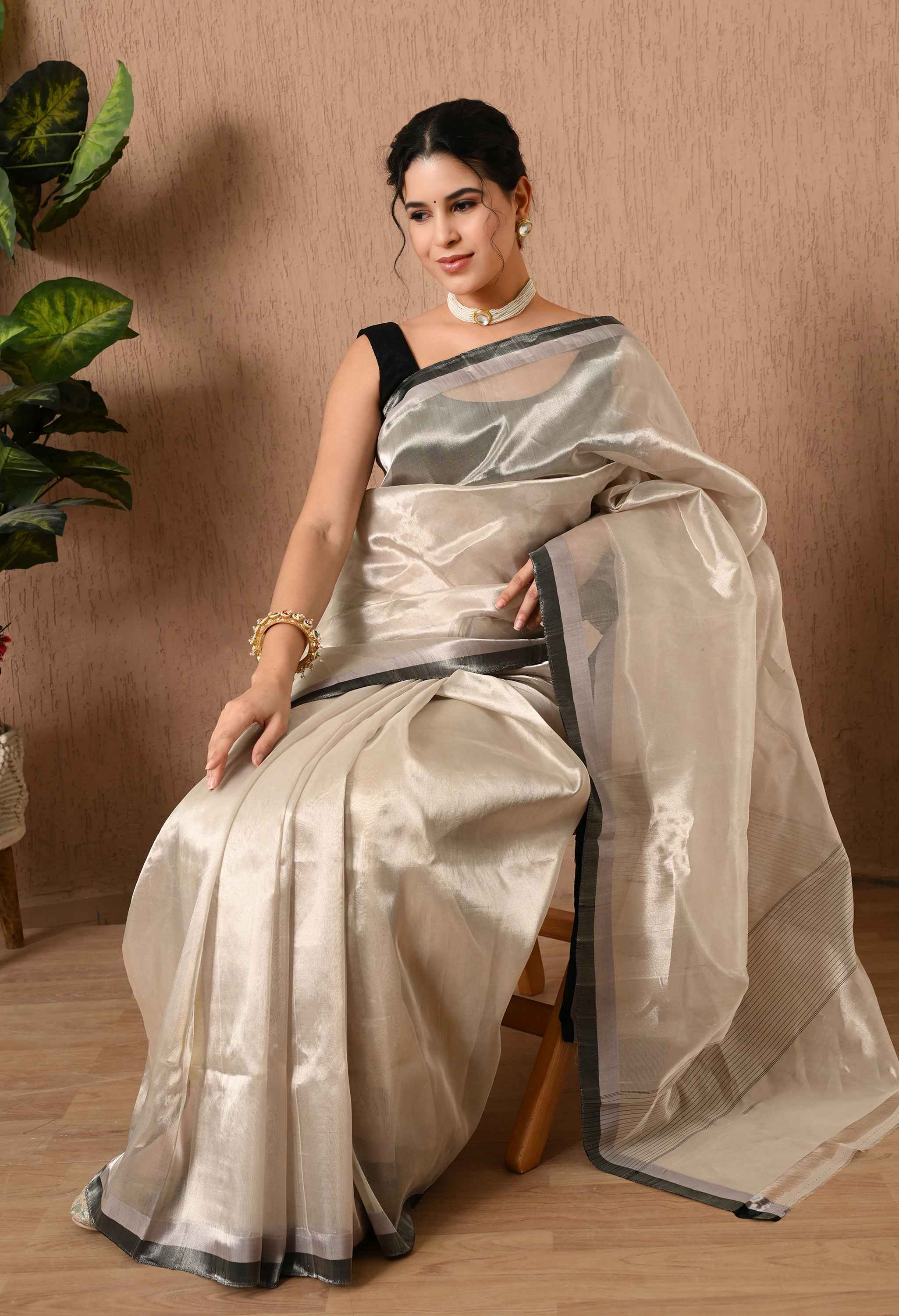 Designer Silver Tissue Silk Saree