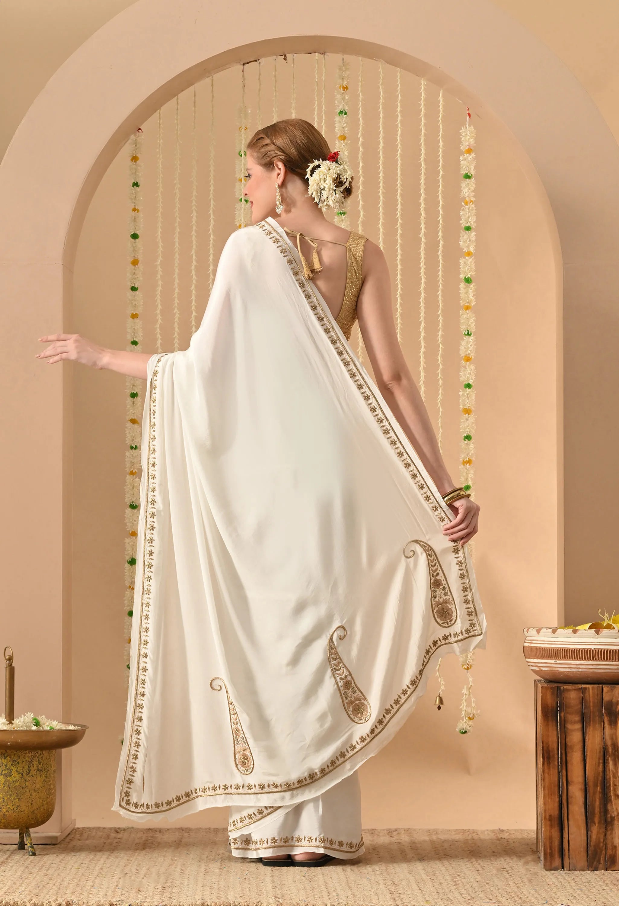 Best Designer Handmade White Crepe Saree