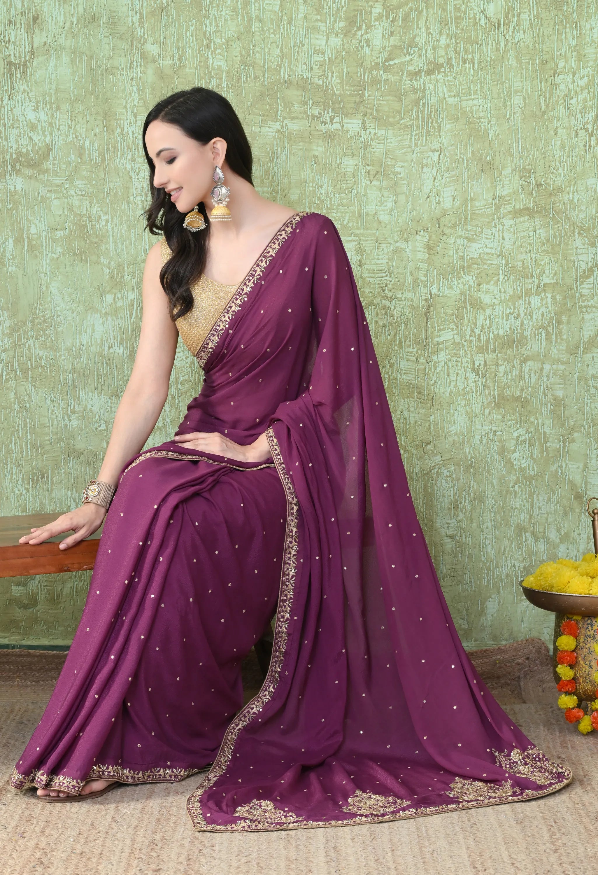 Handwork Crepe Purple Saree