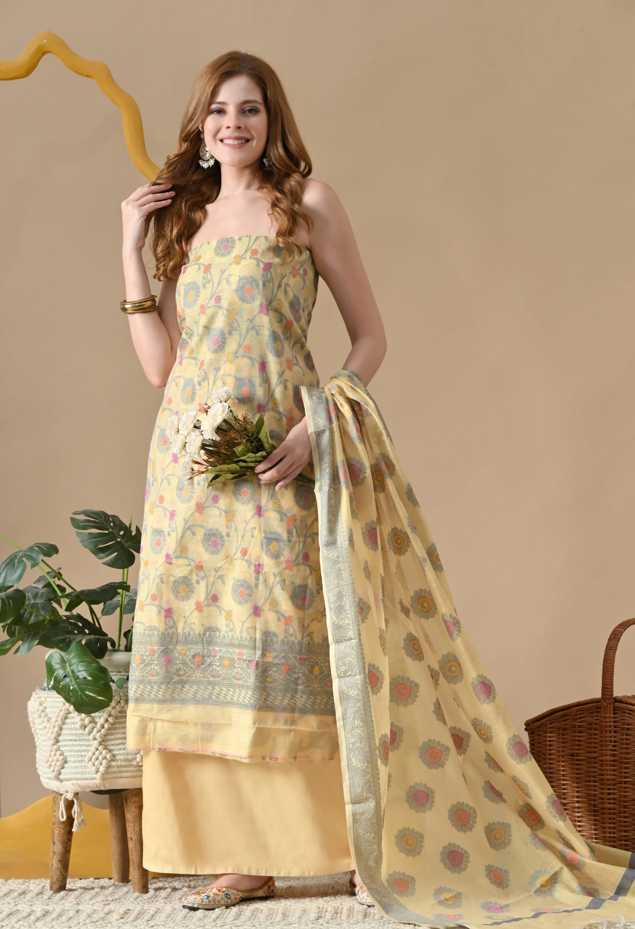 Yellow cotton kurta with dupatta 