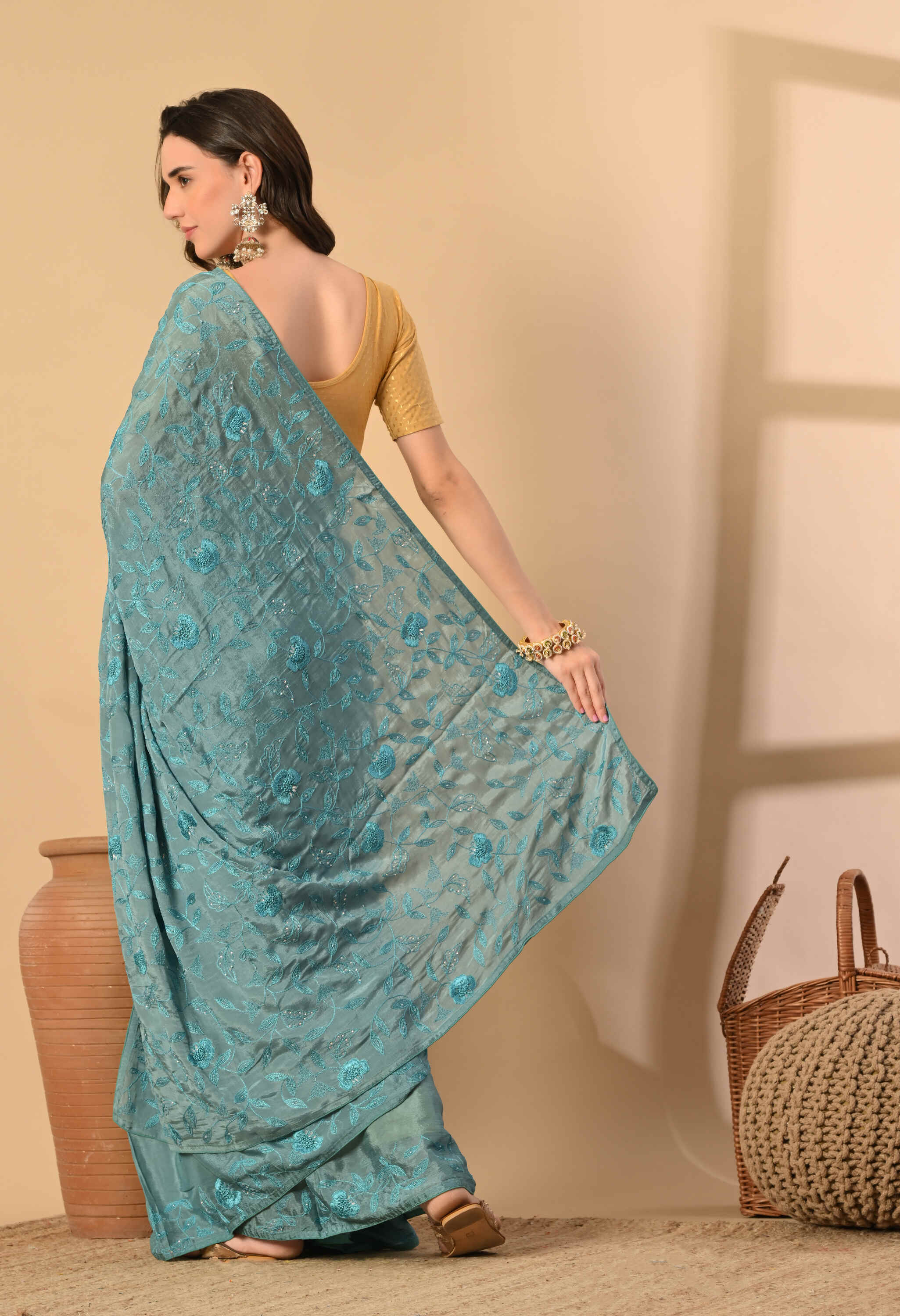 Buy designer embroidered chiffon saree India