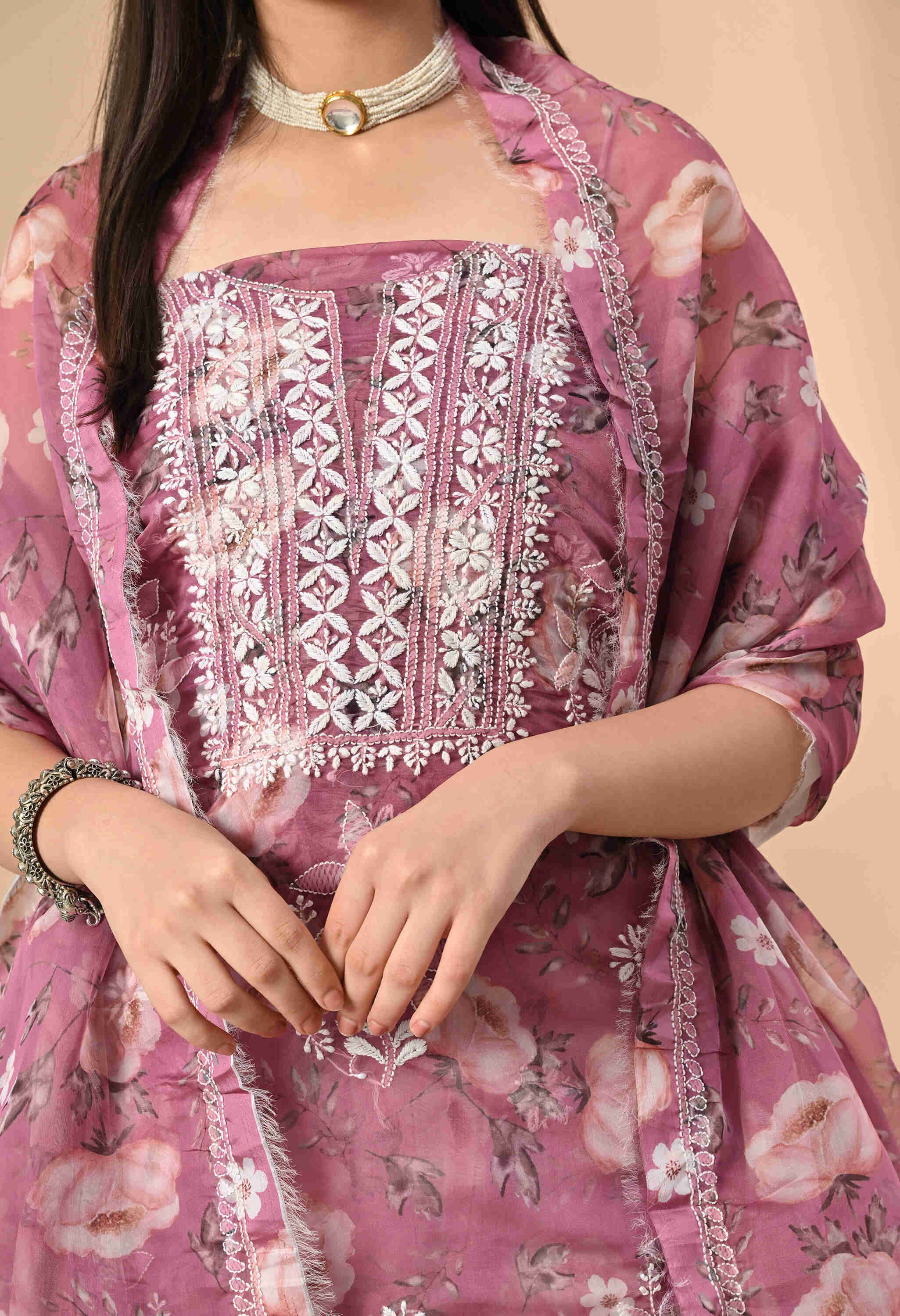  Organza chikankari Suit Set