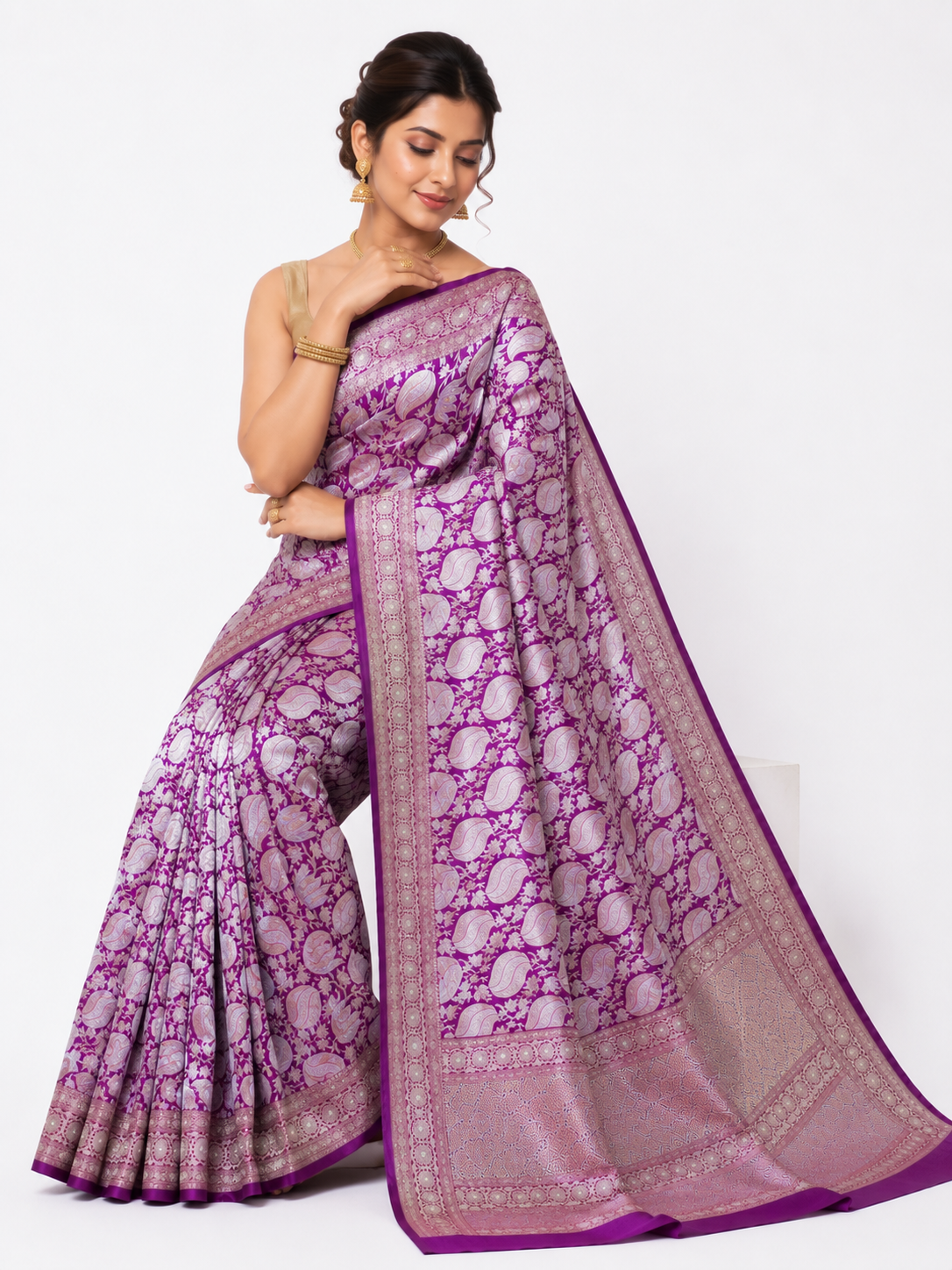 Purple Pure Katan Silk Banarasi Handloom Saree with Gold Zari Work