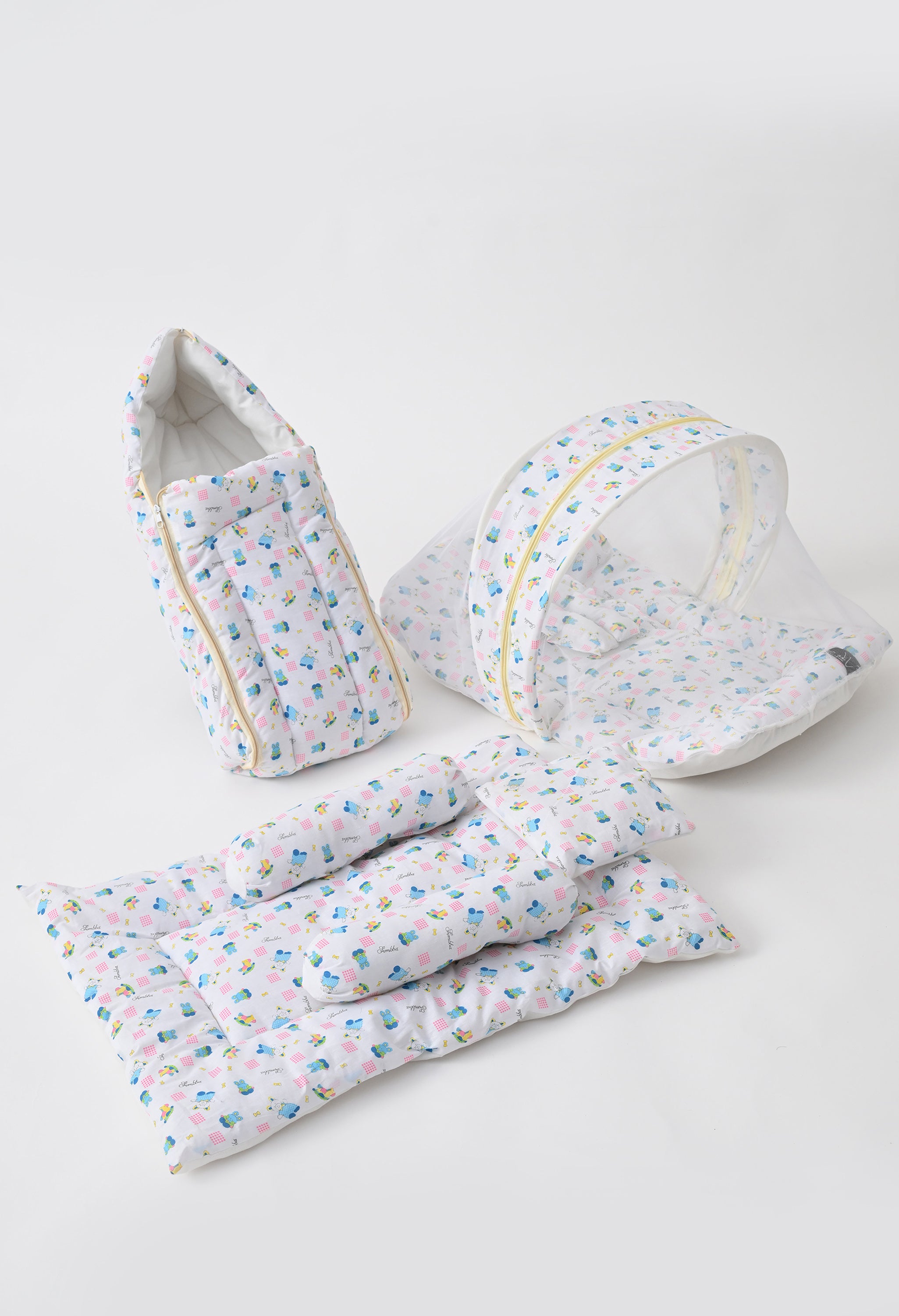 Unisex 5-Piece Newborn Baby Bedding Combo Set - Printed Mattress with Mosquito Net, Sleeping Bag, and Bolsters