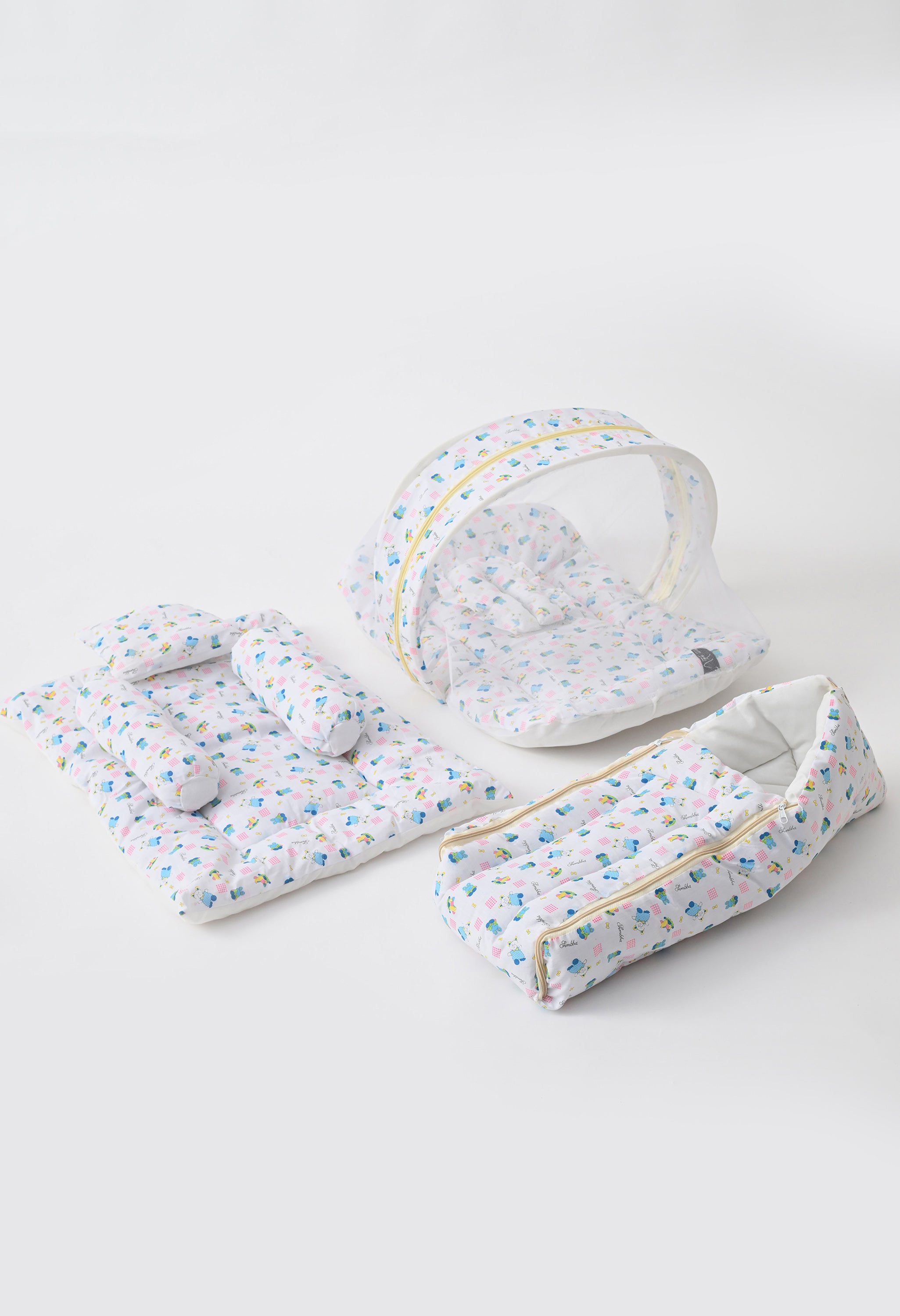 Unisex 5-Piece Newborn Baby Bedding Combo Set - Printed Mattress with Mosquito Net, Sleeping Bag, and Bolsters