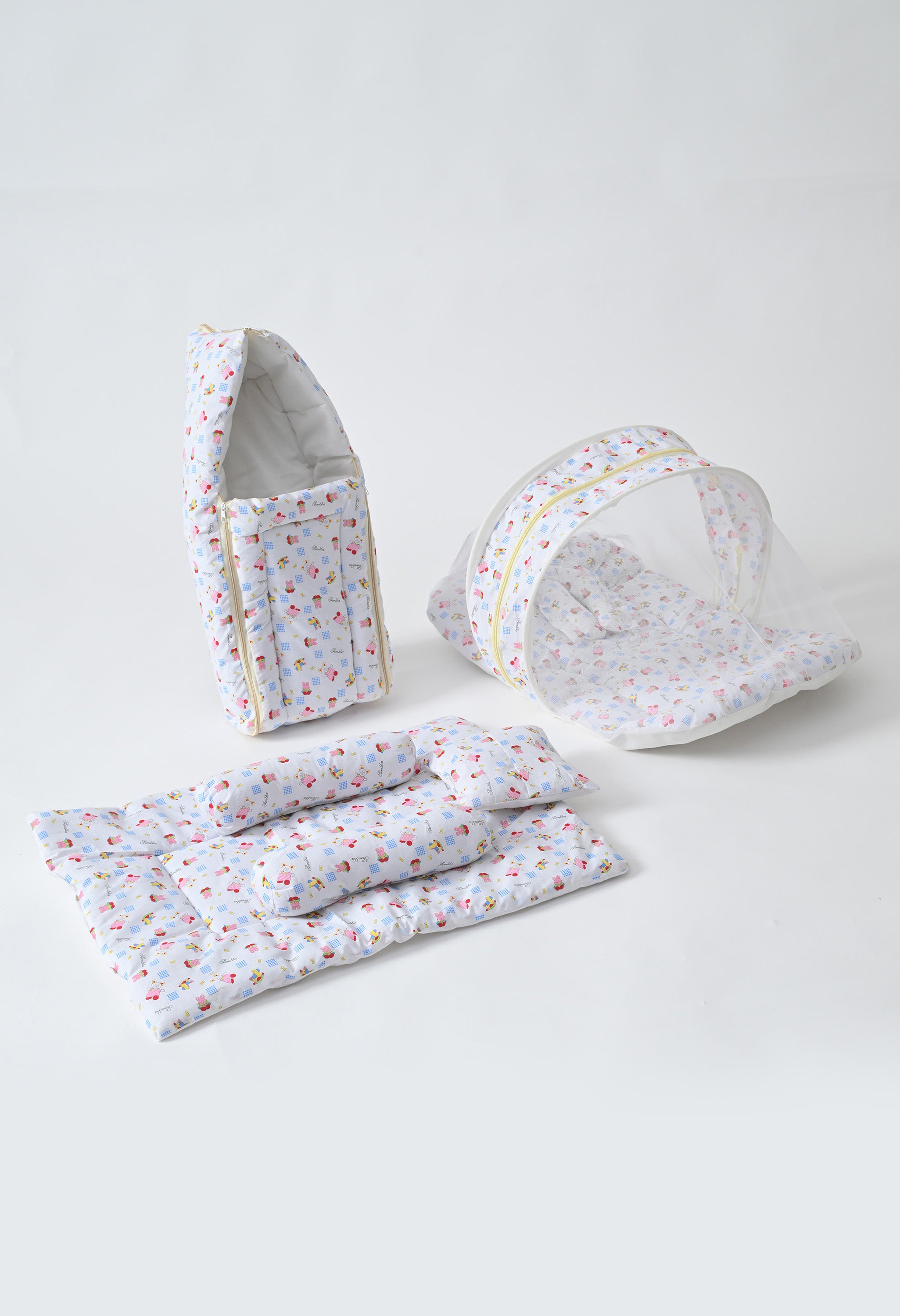 Unisex 5-Piece Newborn Baby Bedding Combo Set - Printed Mattress with Mosquito Net, Sleeping Bag, and Bolsters