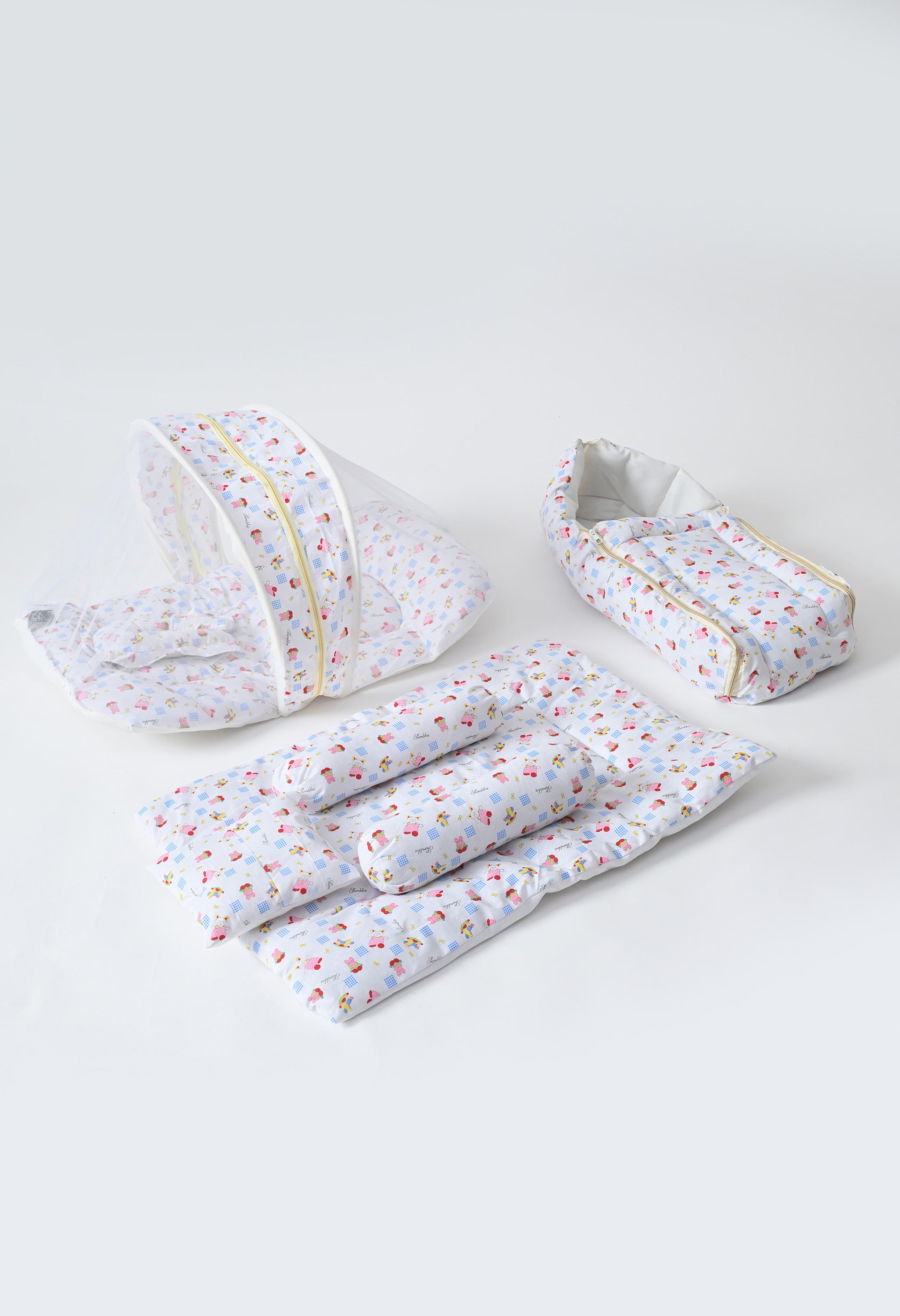 Unisex 5-Piece Newborn Baby Bedding Combo Set - Printed Mattress with Mosquito Net, Sleeping Bag, and Bolsters