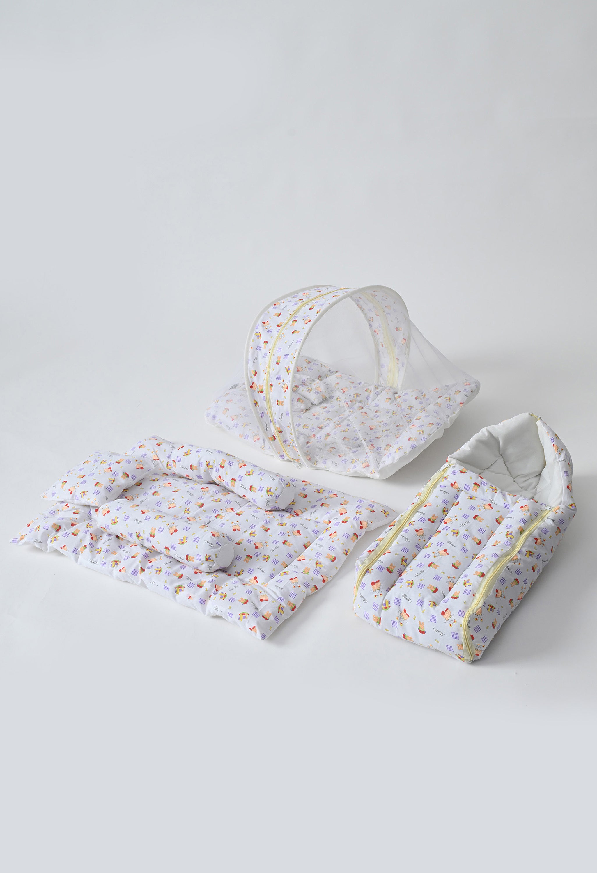 Unisex 5-Piece Newborn Baby Bedding Combo Set - Printed Mattress with Mosquito Net, Sleeping Bag, and Bolsters