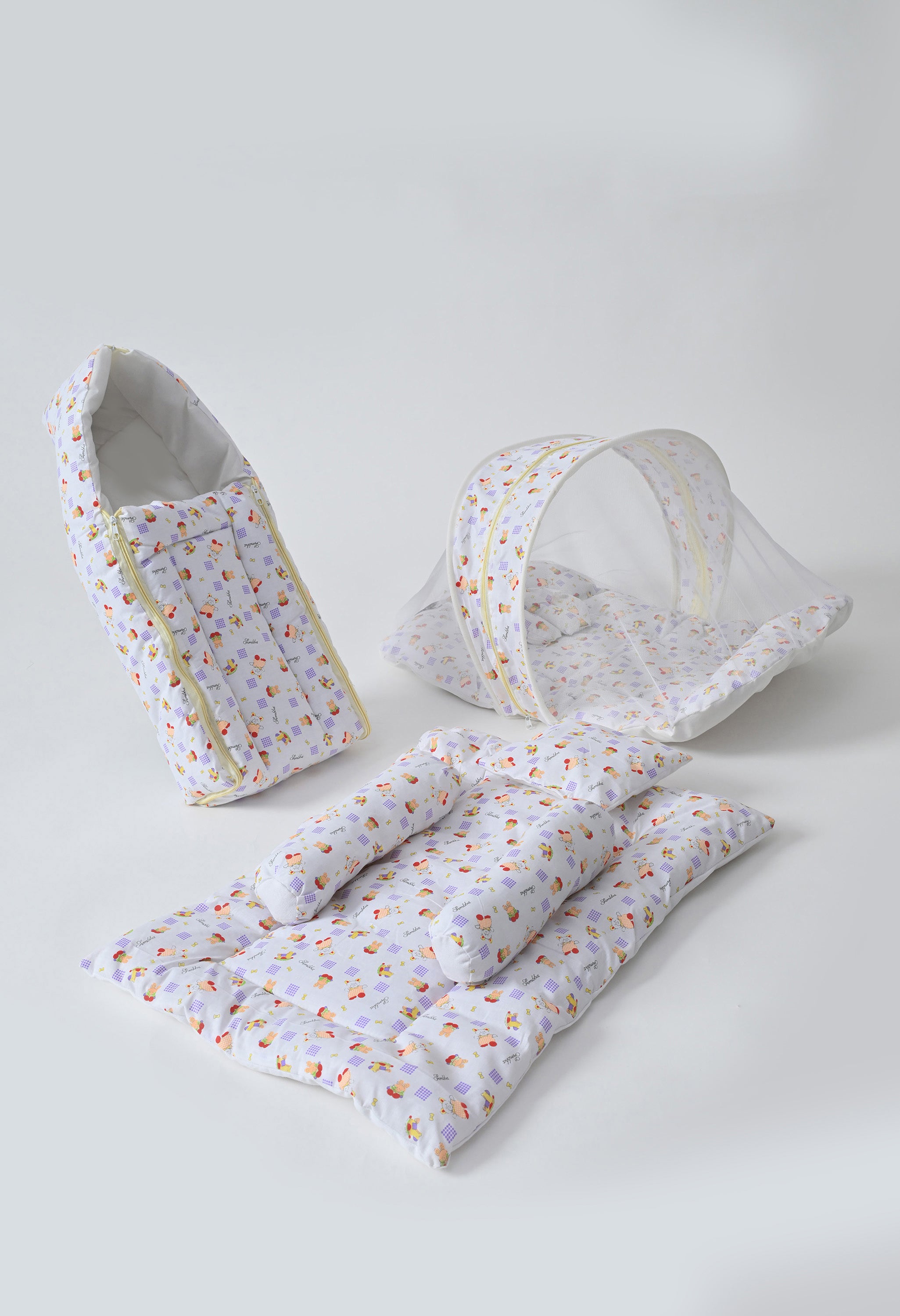 Unisex 5-Piece Newborn Baby Bedding Combo Set - Printed Mattress with Mosquito Net, Sleeping Bag, and Bolsters