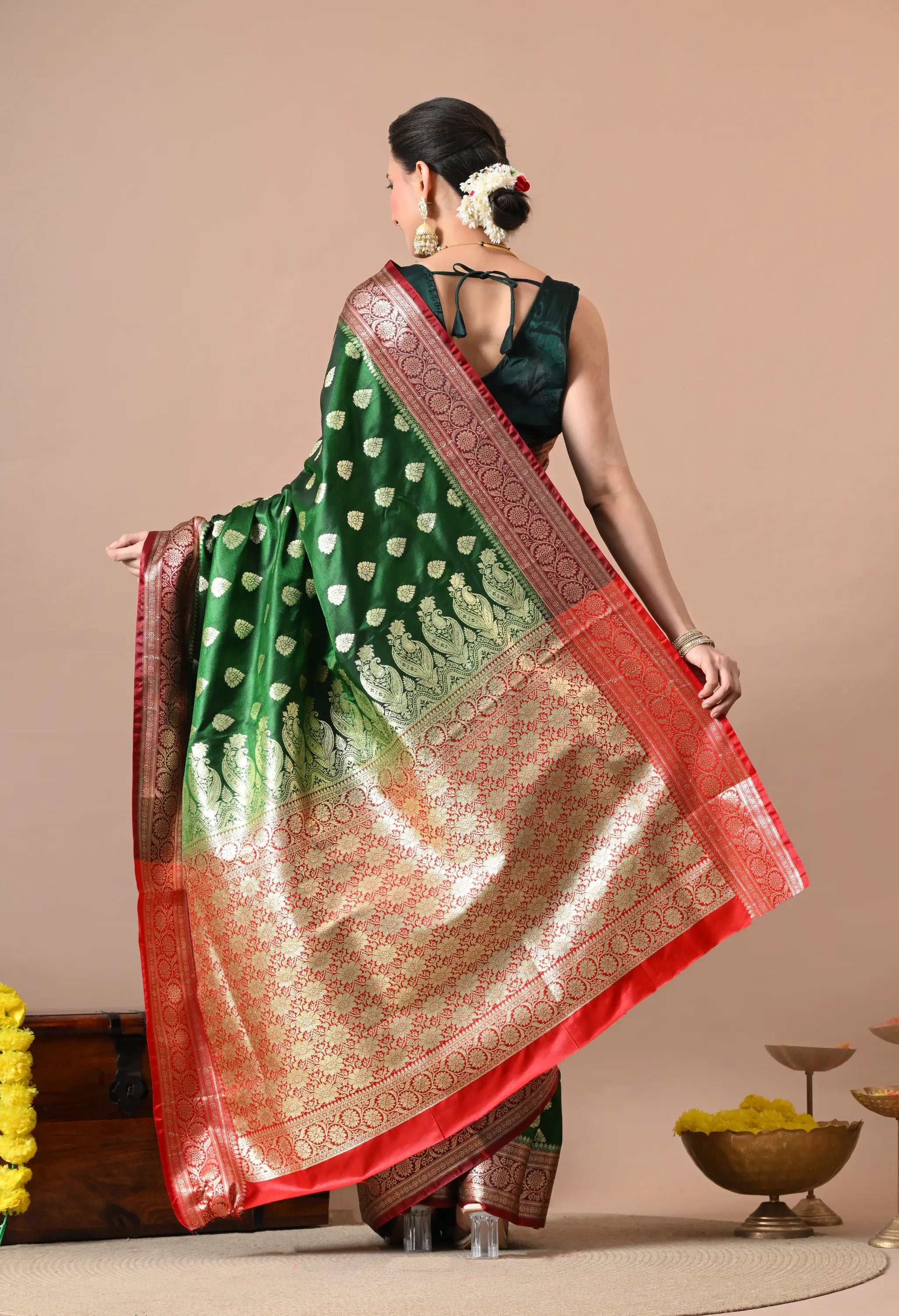 Emerald Green & Gold-Toned Silk Blend Banarasi Saree with Rich Zari Border