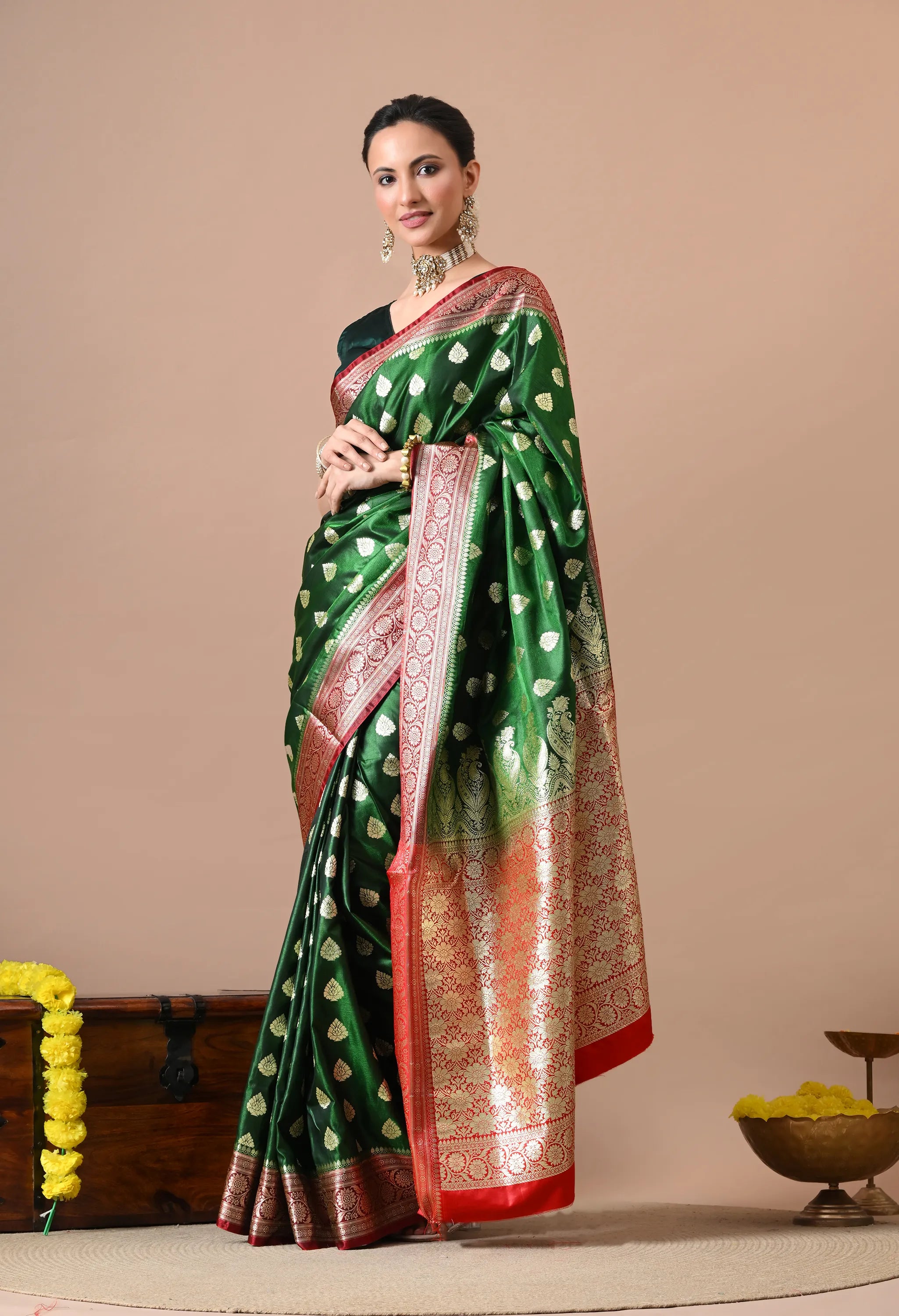 Emerald Green & Gold-Toned Silk Blend Banarasi Saree with Rich Zari Border