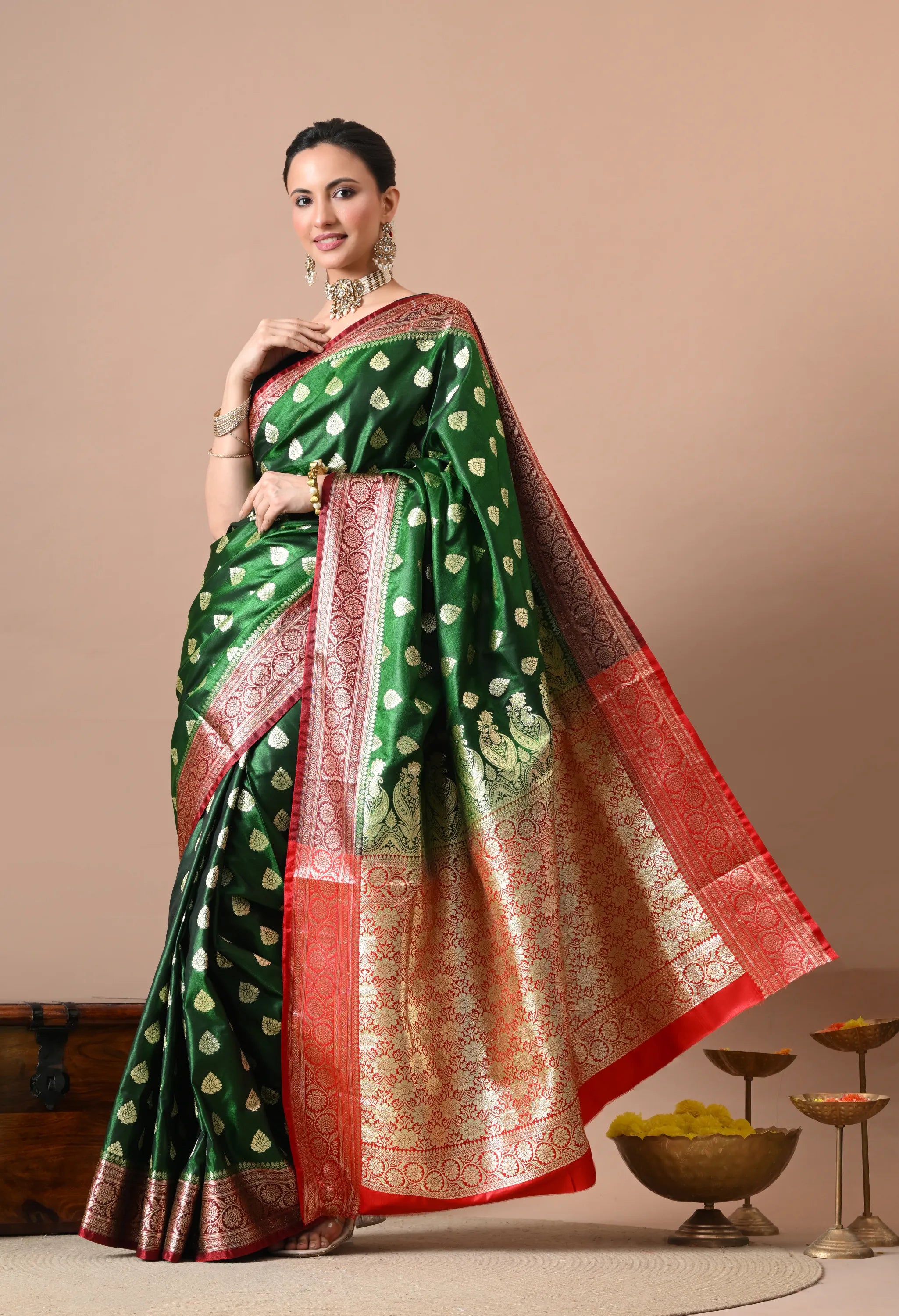 Emerald Green & Gold-Toned Silk Blend Banarasi Saree with Rich Zari Border