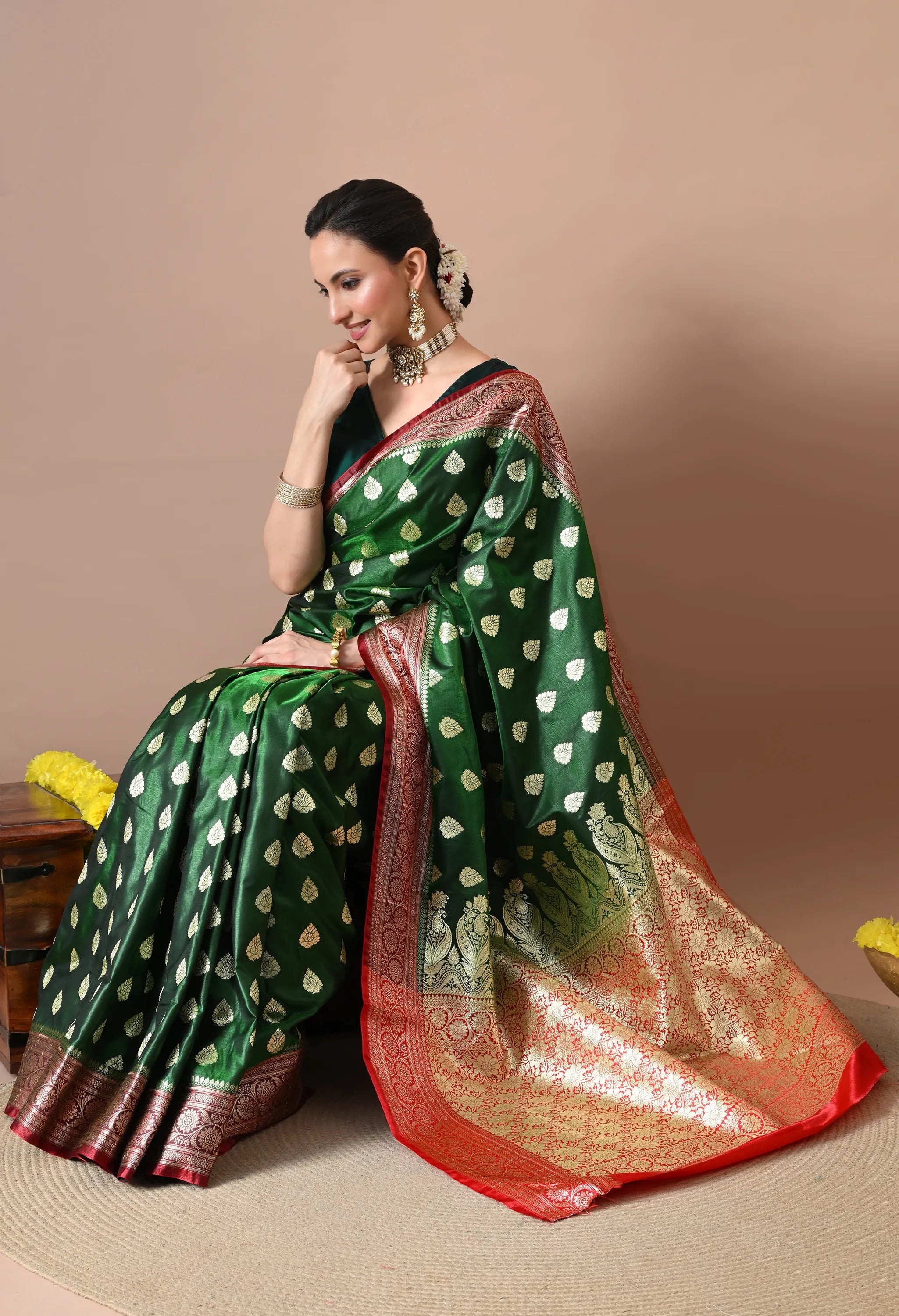 Emerald Green & Gold-Toned Silk Blend Banarasi Saree with Rich Zari Border
