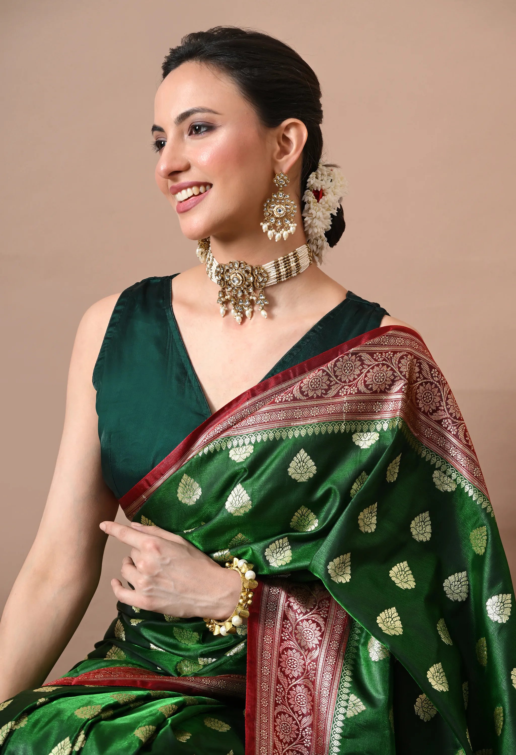 Emerald Green & Gold-Toned Silk Blend Banarasi Saree with Rich Zari Border