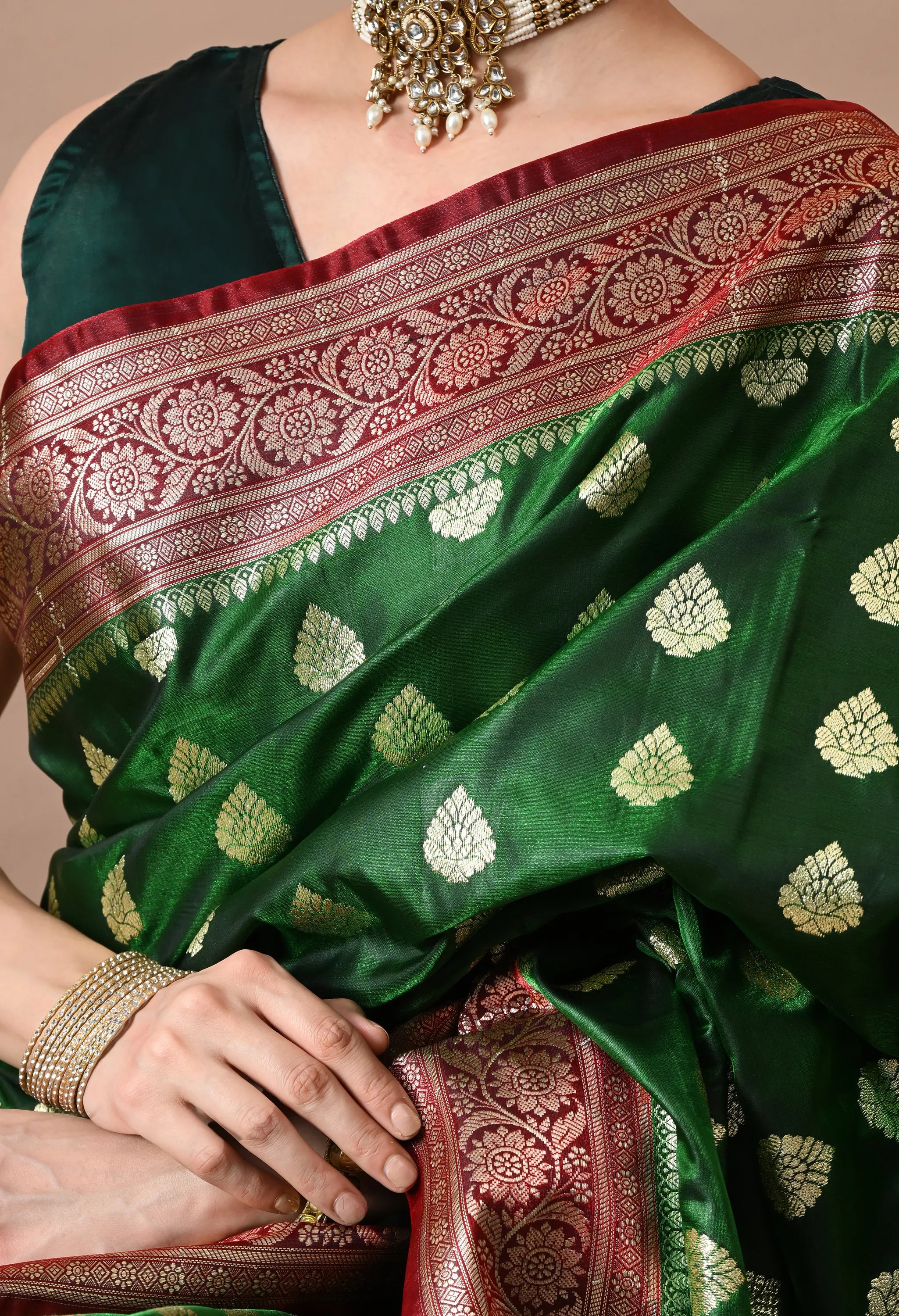 Emerald Green & Gold-Toned Silk Blend Banarasi Saree with Rich Zari Border